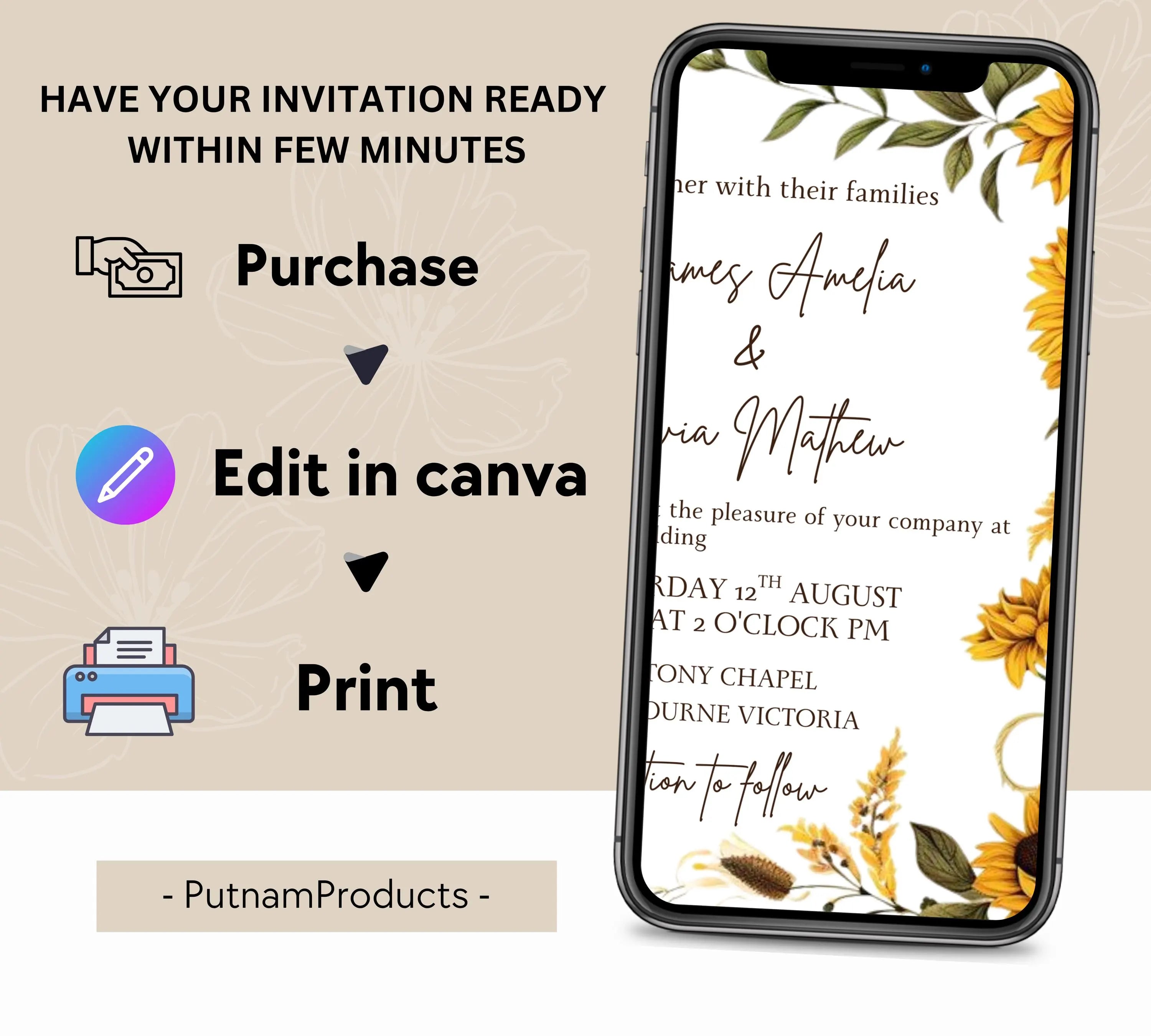 Sunflower Country Wedding Invitation Template Set, Sunflower Wedding Invitation, Rustic Wedding Invitation Suite, Sage Yellow Floral Invite