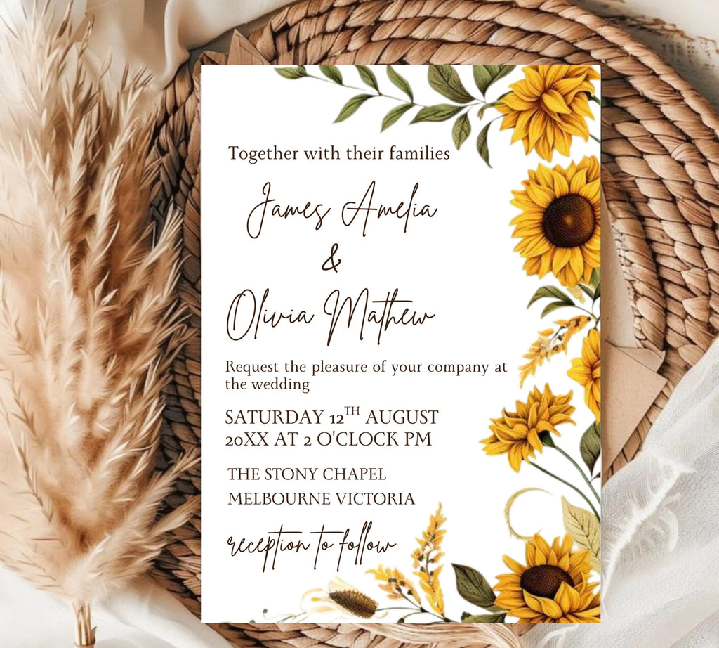 Sunflower Country Wedding Invitation Template Set, Sunflower Wedding Invitation, Rustic Wedding Invitation Suite, Sage Yellow Floral Invite