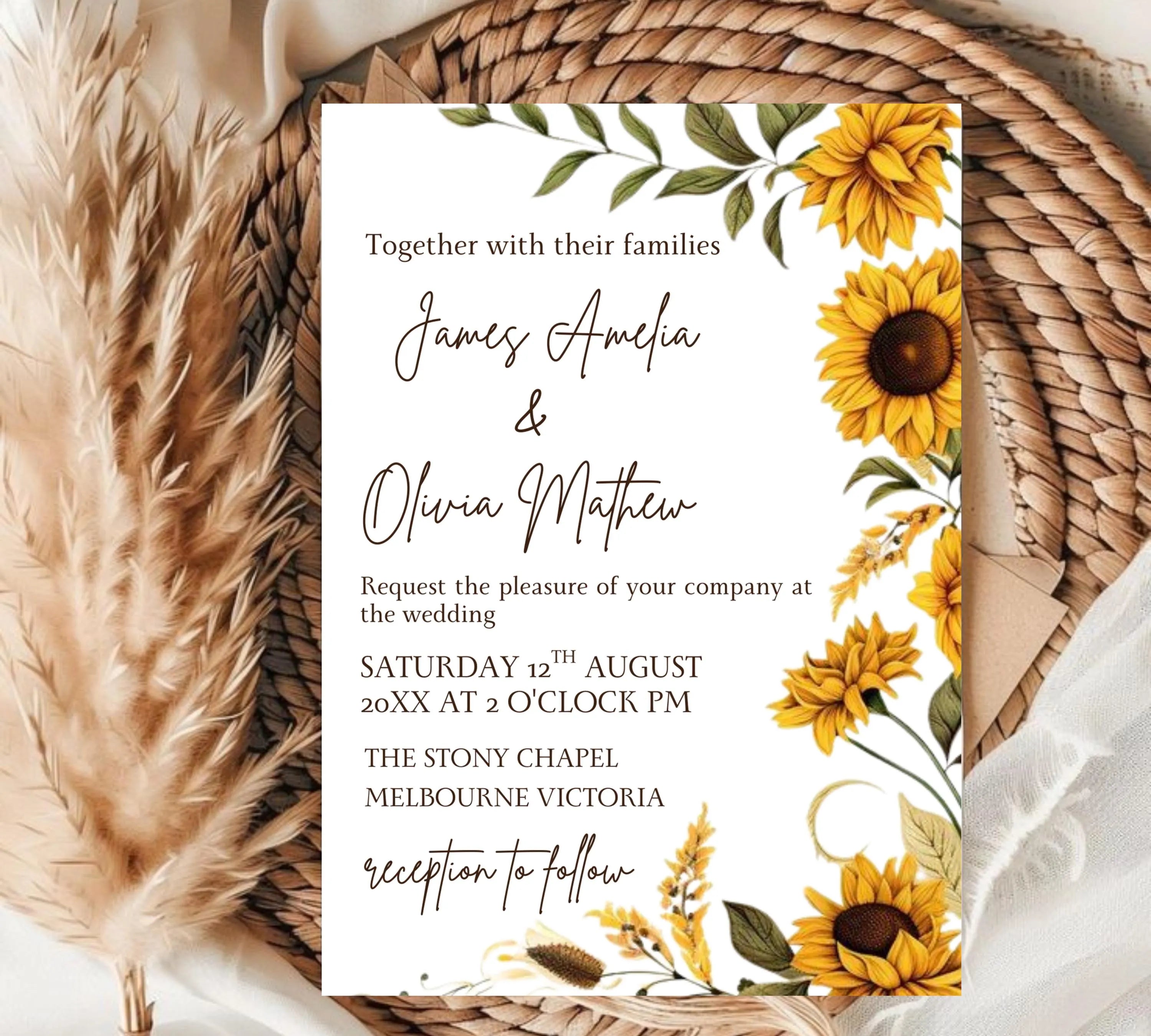 Sunflower Country Wedding Invitation Template Set, Sunflower Wedding Invitation, Rustic Wedding Invitation Suite, Sage Yellow Floral Invite