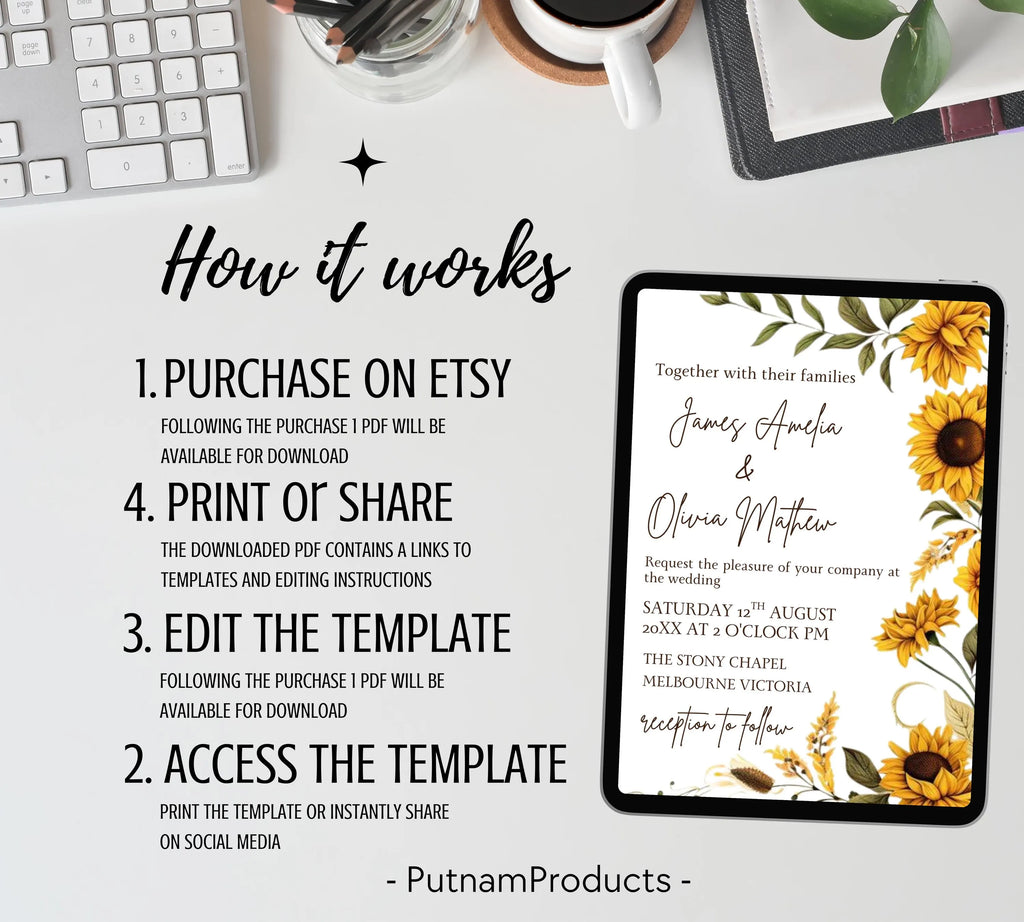 Sunflower Country Wedding Invitation Template Set, Sunflower Wedding Invitation, Rustic Wedding Invitation Suite, Sage Yellow Floral Invite