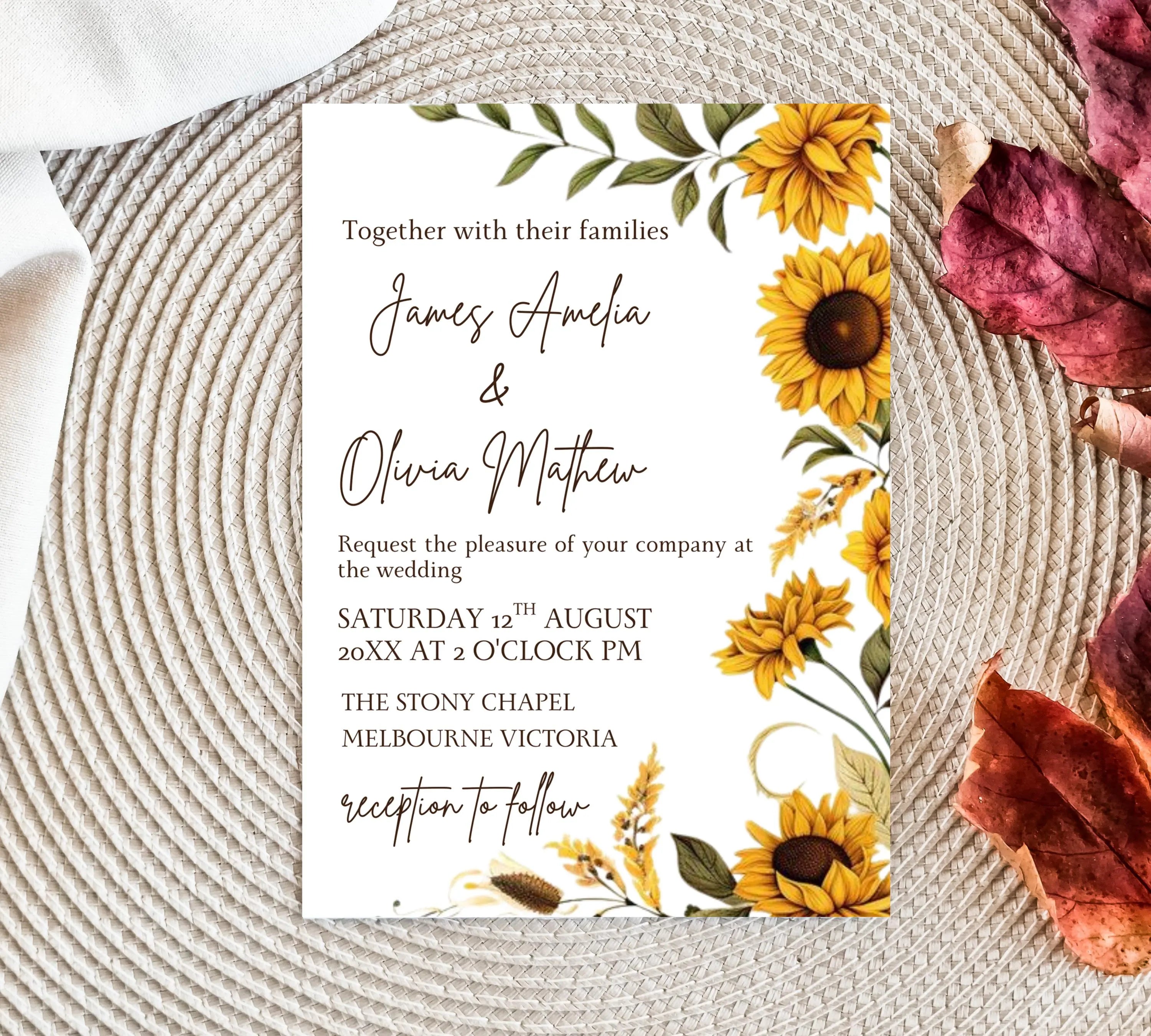 Sunflower Country Wedding Invitation Template Set, Sunflower Wedding Invitation, Rustic Wedding Invitation Suite, Sage Yellow Floral Invite