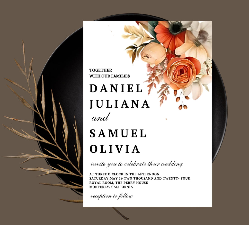 Terracotta and Rose Floral Wedding invitation Set Template, Floral Elegant Wedding Invite, Printable Modern Burnt Orange Rose Wedding Invite