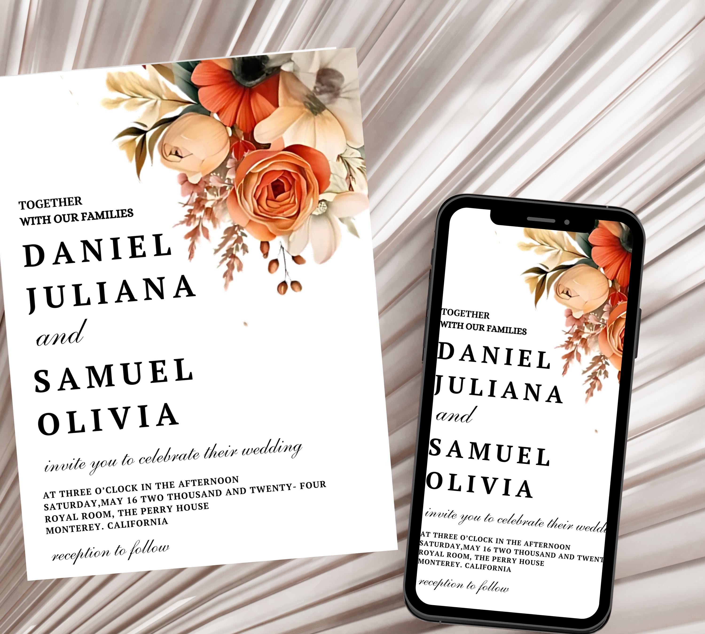 Terracotta and Rose Floral Wedding invitation Set Template, Floral Elegant Wedding Invite, Printable Modern Burnt Orange Rose Wedding Invite