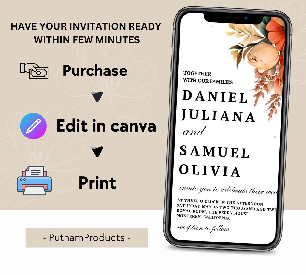 Terracotta and Rose Floral Wedding invitation Set Template, Floral Elegant Wedding Invite, Printable Modern Burnt Orange Rose Wedding Invite