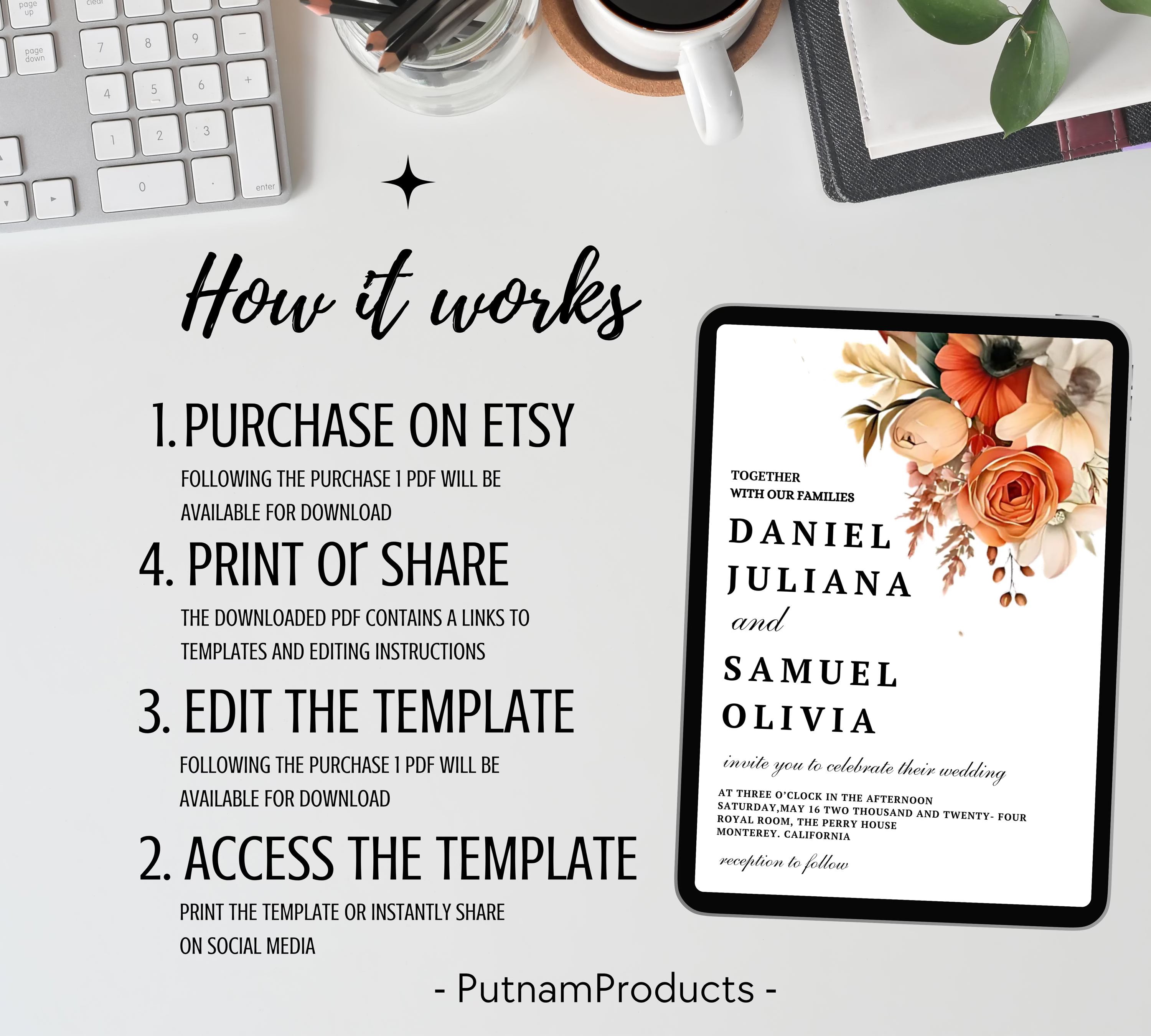 Terracotta and Rose Floral Wedding invitation Set Template, Floral Elegant Wedding Invite, Printable Modern Burnt Orange Rose Wedding Invite