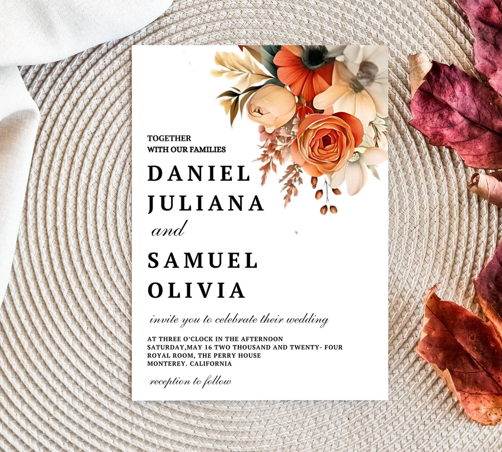 Terracotta and Rose Floral Wedding invitation Set Template, Floral Elegant Wedding Invite, Printable Modern Burnt Orange Rose Wedding Invite