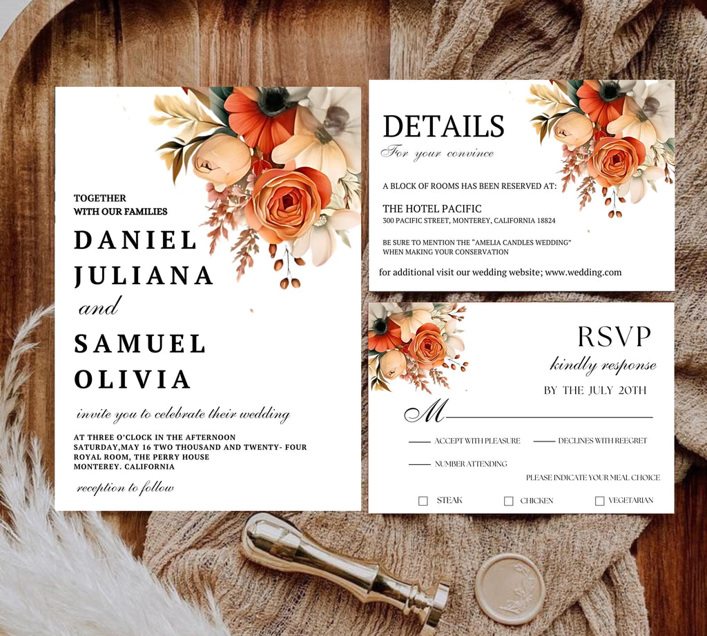 Terracotta and Rose Floral Wedding invitation Set Template, Floral Elegant Wedding Invite, Printable Modern Burnt Orange Rose Wedding Invite