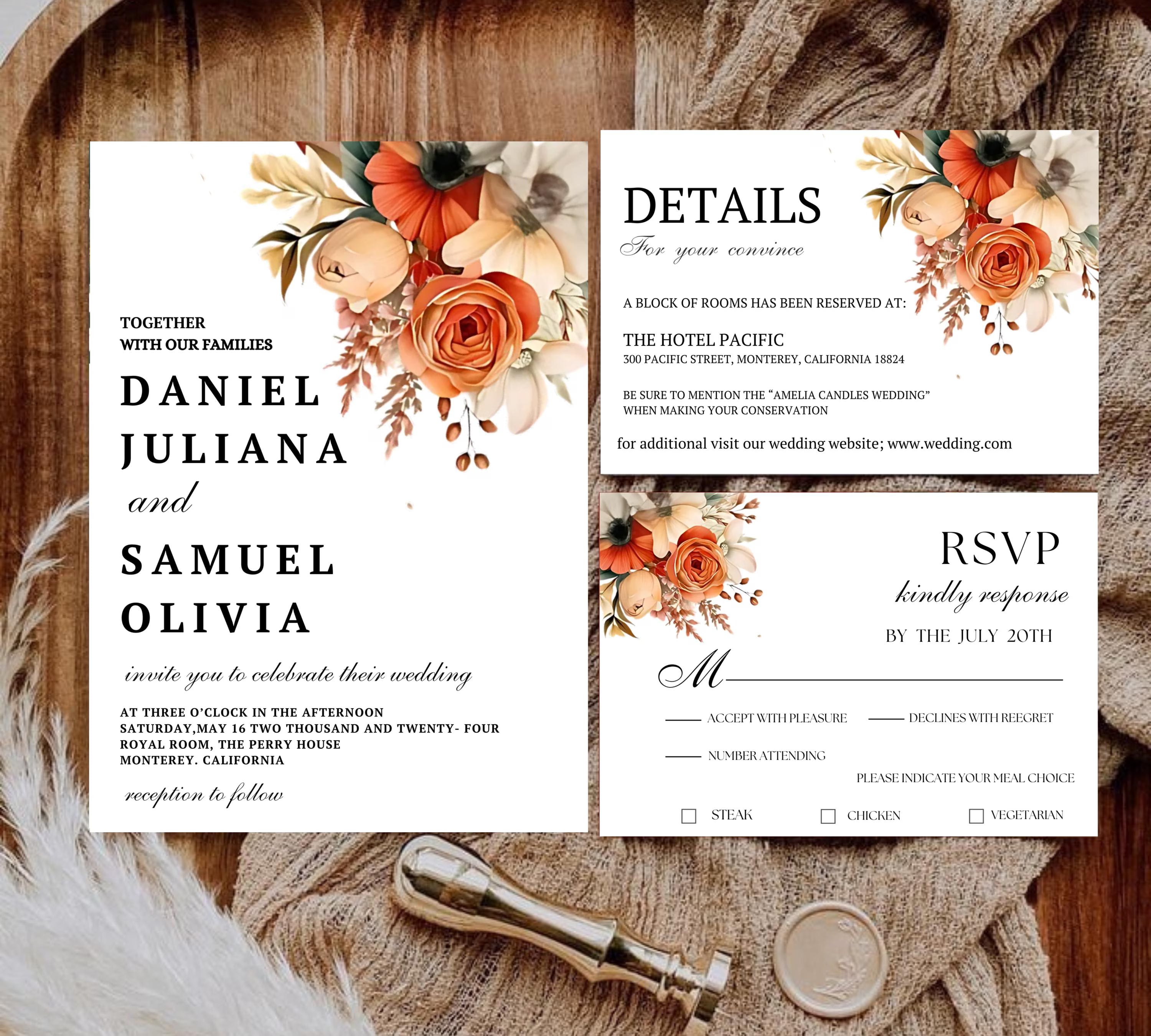 Terracotta and Rose Floral Wedding invitation Set Template, Floral Elegant Wedding Invite, Printable Modern Burnt Orange Rose Wedding Invite