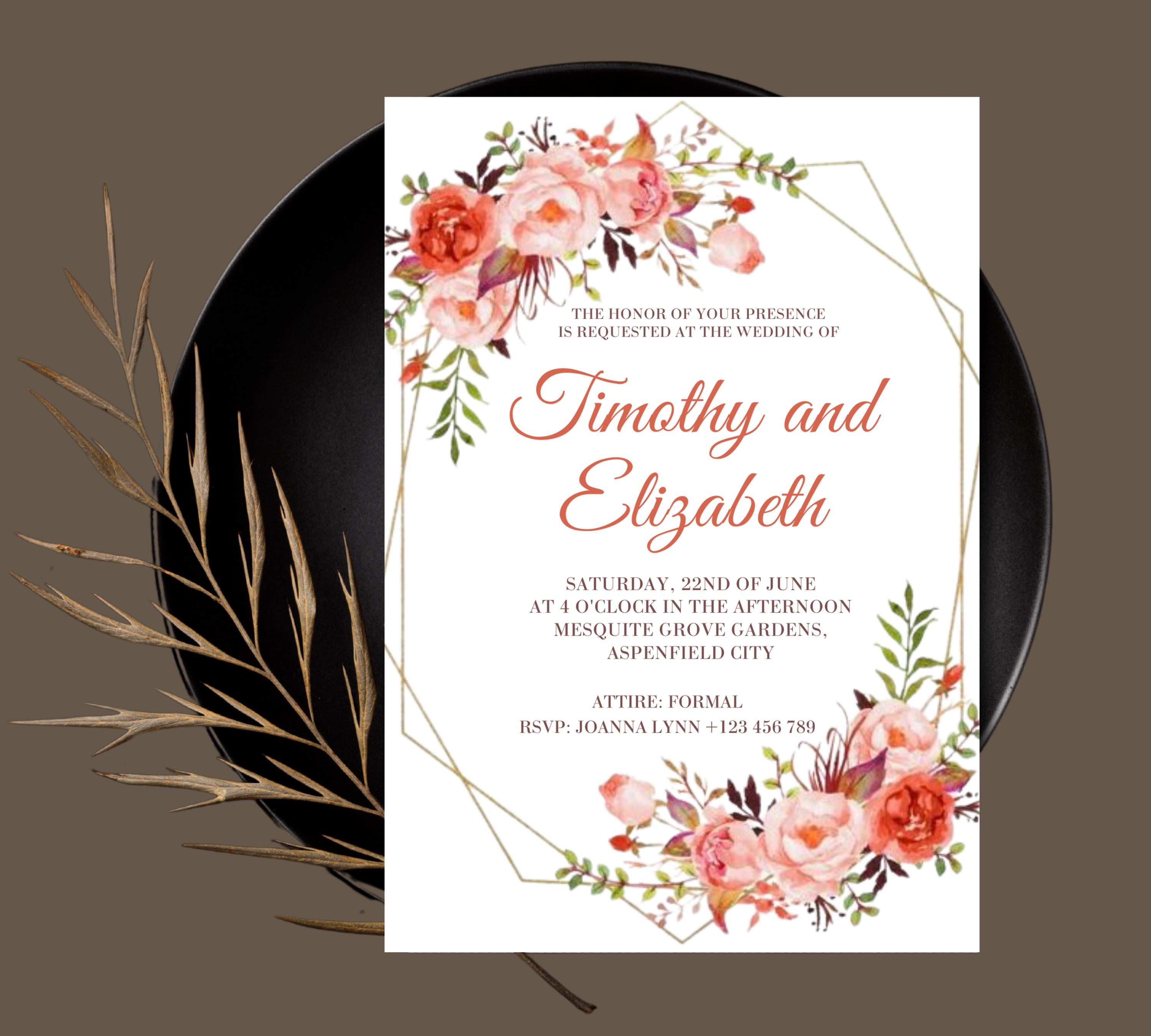Coral and Gold Floral Wedding Invitation Template Set, Editable Floral Wedding Invitation Set, pink Floral RSVP Details, Printable Template
