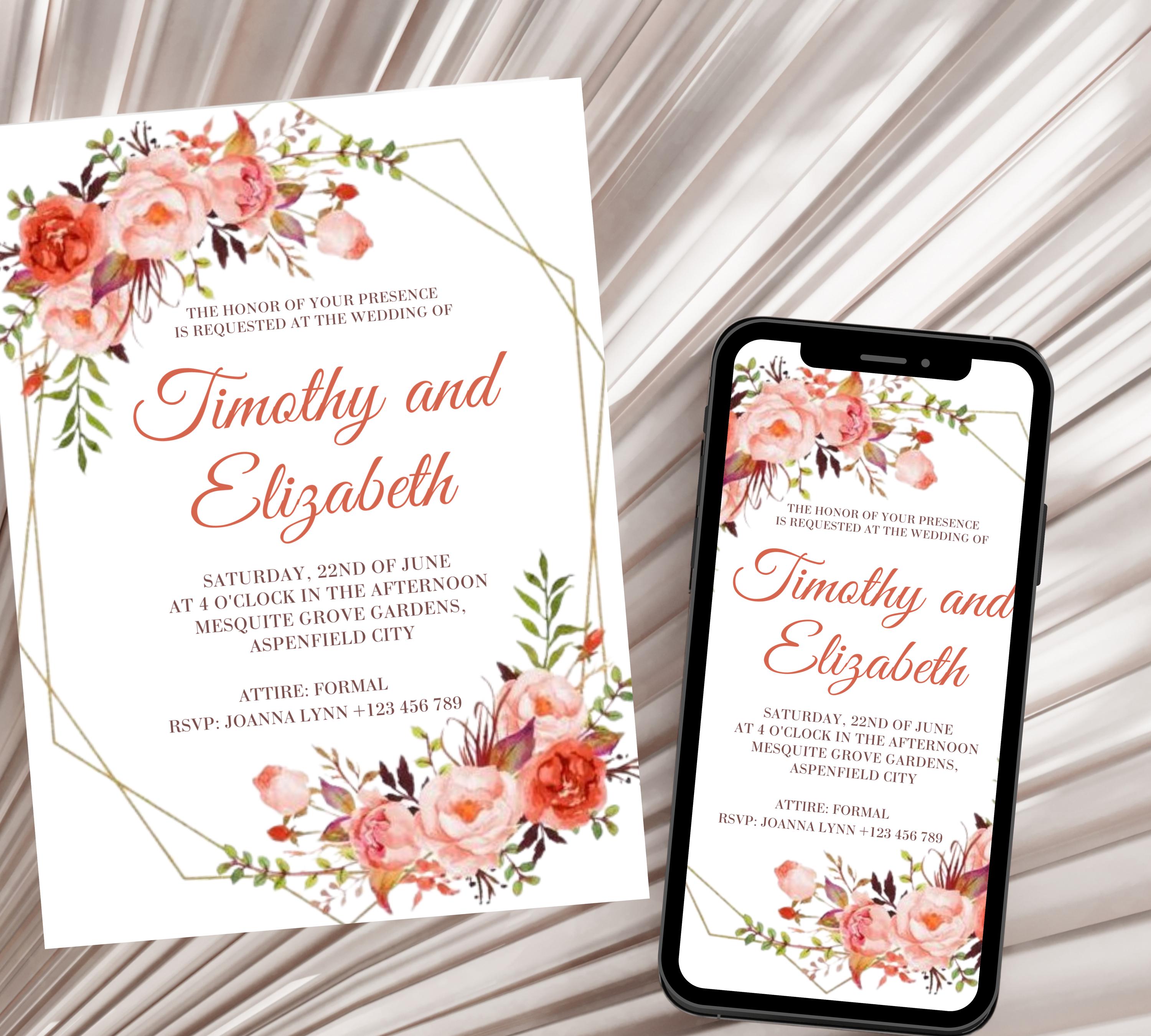 Coral and Gold Floral Wedding Invitation Template Set, Editable Floral Wedding Invitation Set, pink Floral RSVP Details, Printable Template
