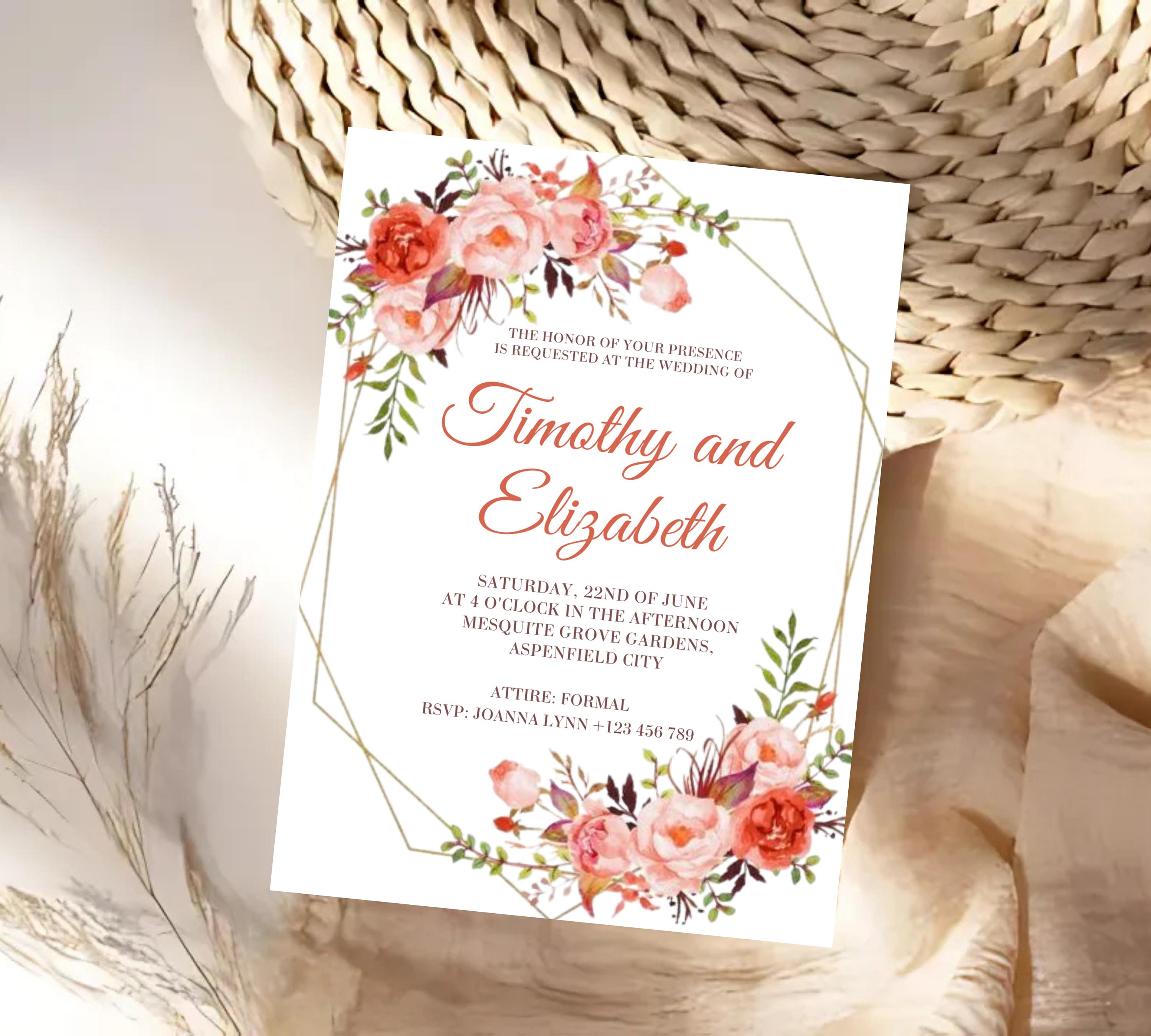 Coral and Gold Floral Wedding Invitation Template Set, Editable Floral Wedding Invitation Set, pink Floral RSVP Details, Printable Template
