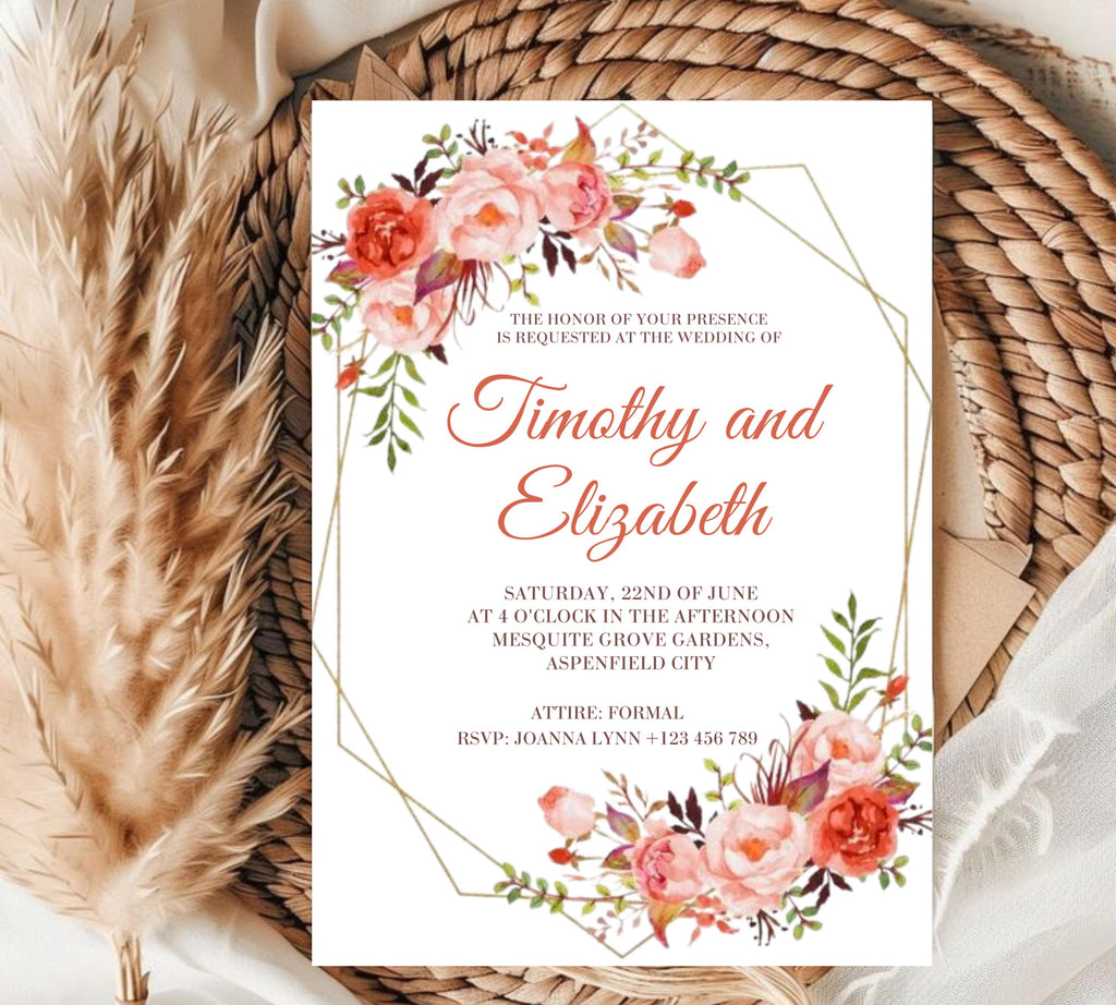 Coral and Gold Floral Wedding Invitation Template Set, Editable Floral Wedding Invitation Set, pink Floral RSVP Details, Printable Template