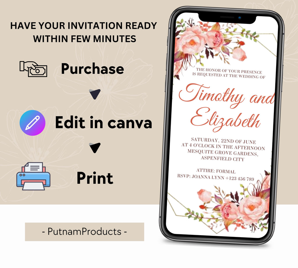 Coral and Gold Floral Wedding Invitation Template Set, Editable Floral Wedding Invitation Set, pink Floral RSVP Details, Printable Template
