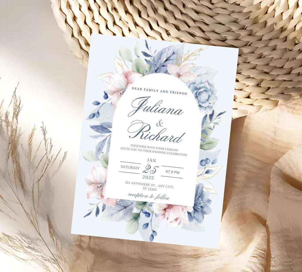 Dusty Blue and Blush Floral Wedding Invitation Template, Floral Boho Wedding Invites Suite, Elegant Garden Steel Light Blue Wedding Invite