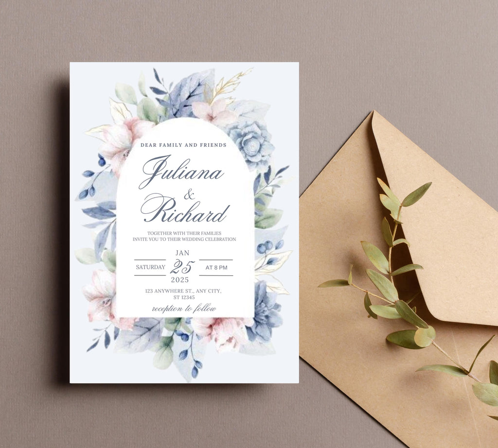 Dusty Blue and Blush Floral Wedding Invitation Template, Floral Boho Wedding Invites Suite, Elegant Garden Steel Light Blue Wedding Invite