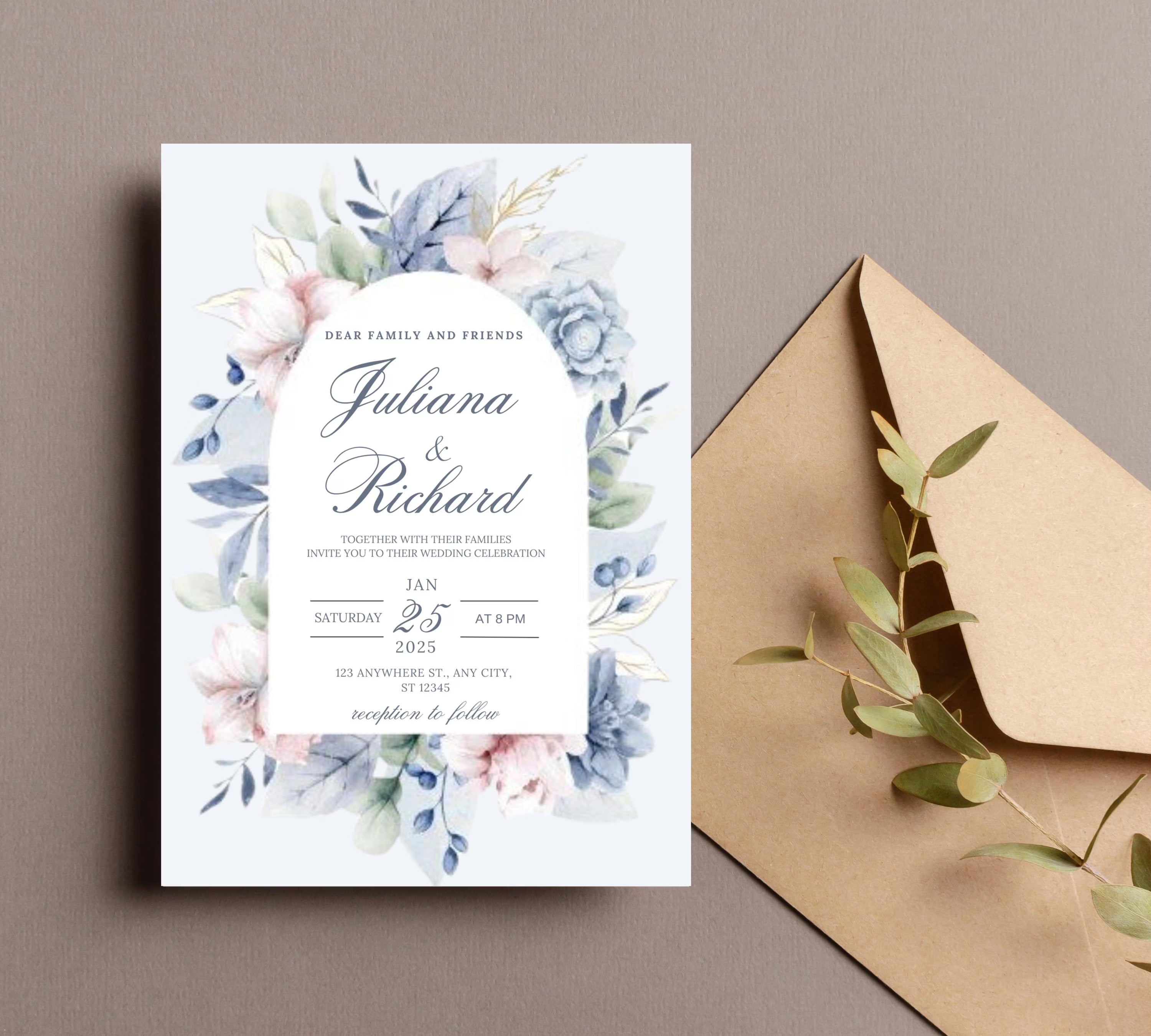 Dusty Blue and Blush Floral Wedding Invitation Template, Floral Boho Wedding Invites Suite, Elegant Garden Steel Light Blue Wedding Invite