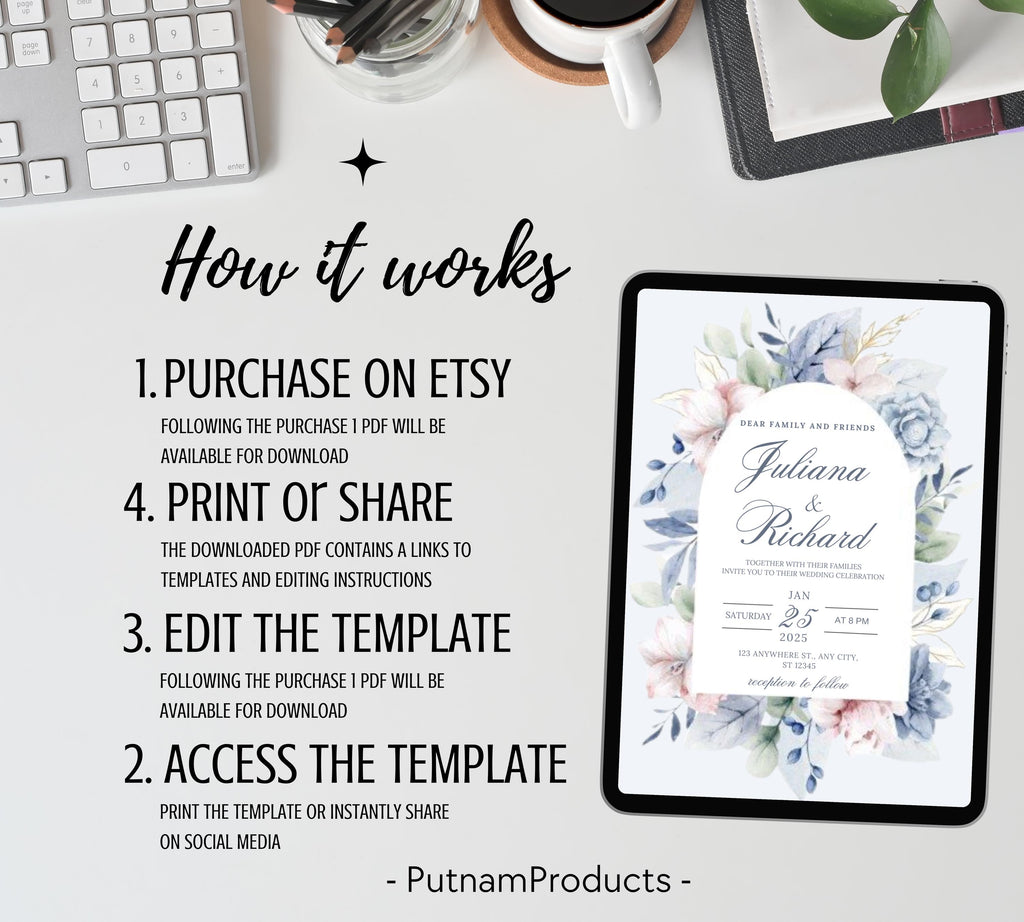 Dusty Blue and Blush Floral Wedding Invitation Template, Floral Boho Wedding Invites Suite, Elegant Garden Steel Light Blue Wedding Invite