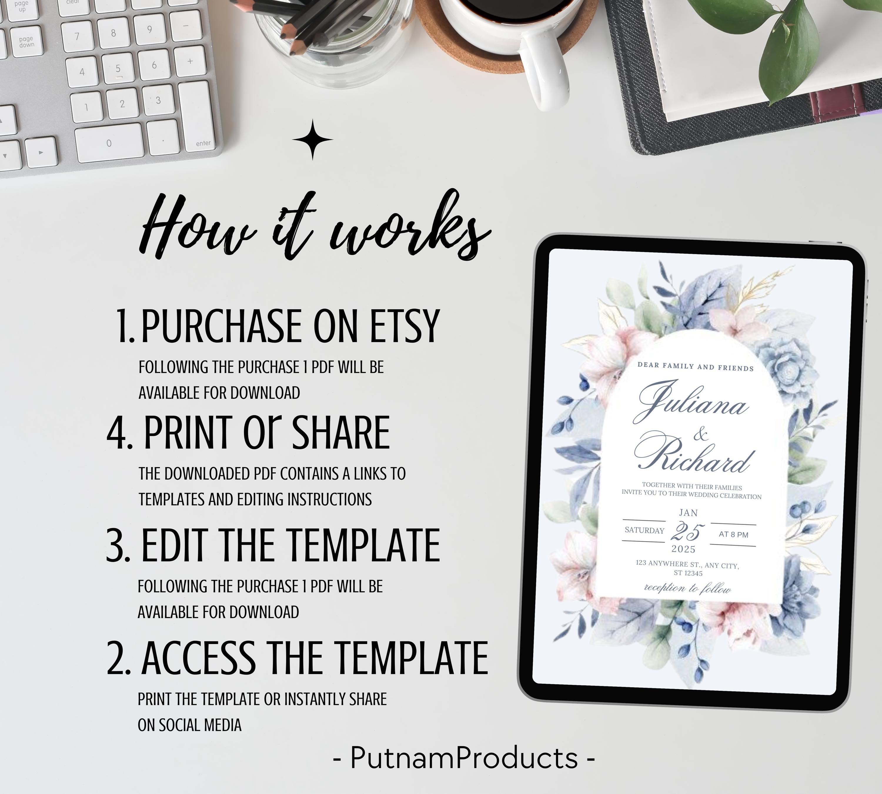 Dusty Blue and Blush Floral Wedding Invitation Template, Floral Boho Wedding Invites Suite, Elegant Garden Steel Light Blue Wedding Invite