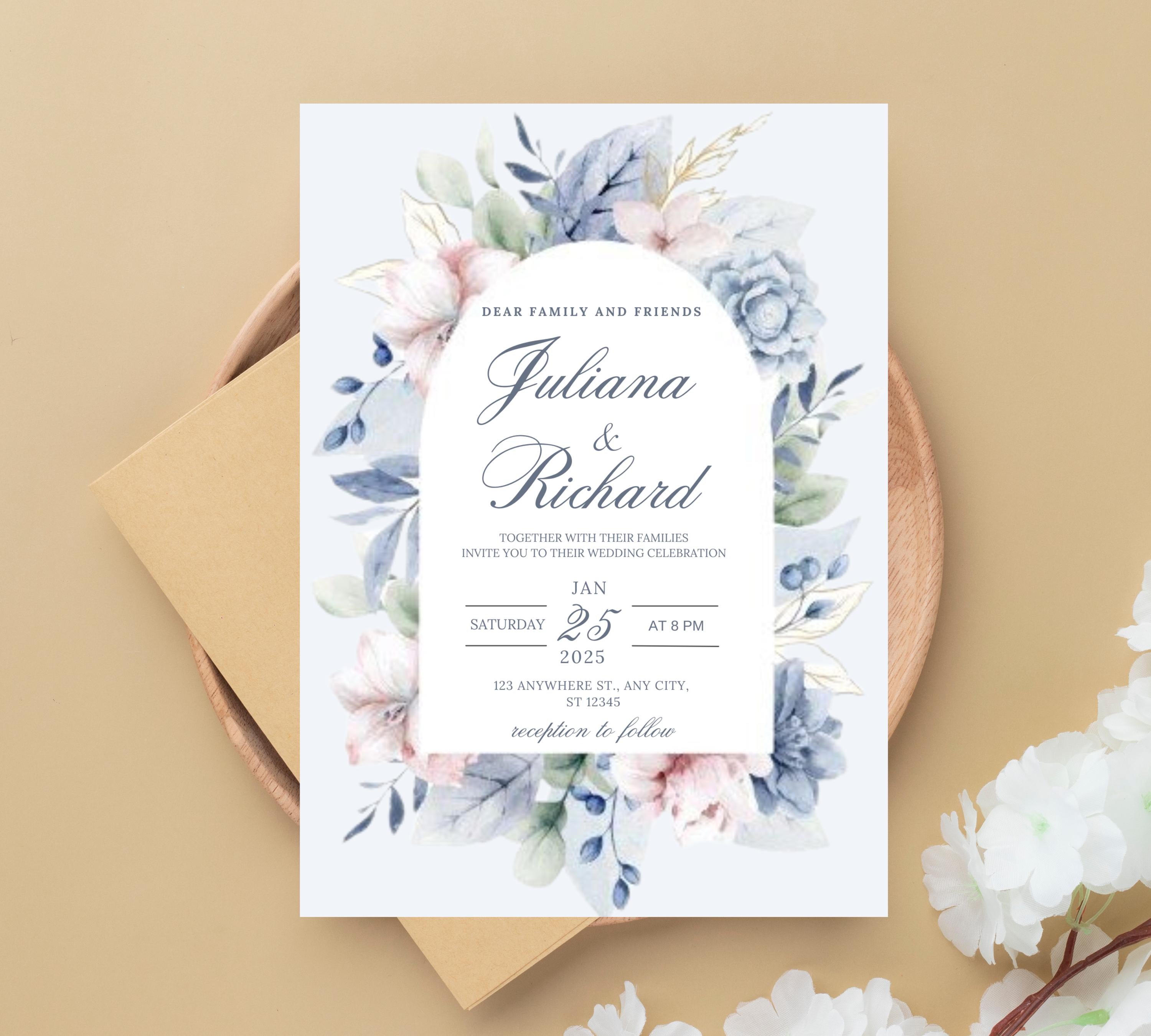Dusty Blue and Blush Floral Wedding Invitation Template, Floral Boho Wedding Invites Suite, Elegant Garden Steel Light Blue Wedding Invite