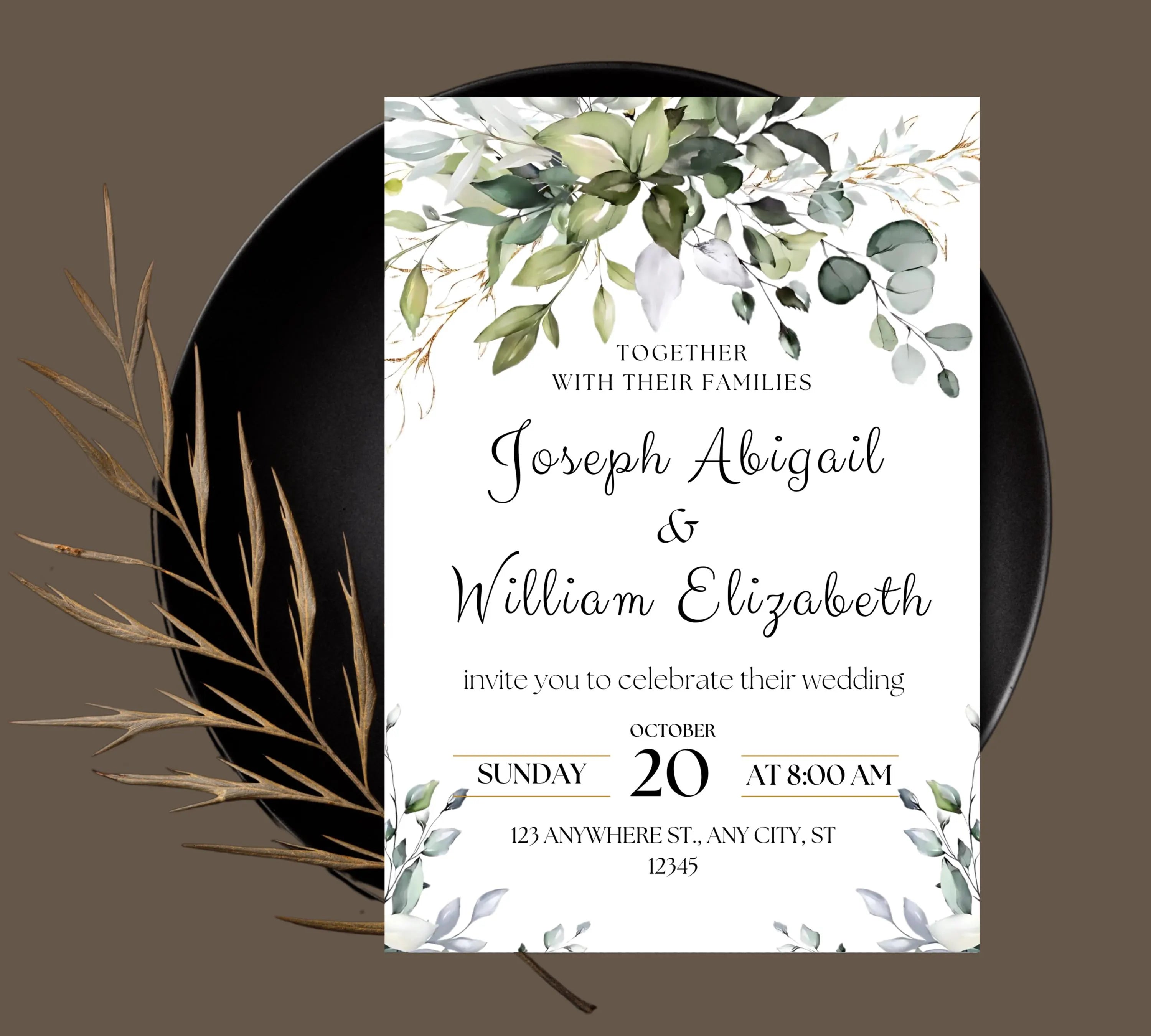 Classic White and Green Wedding Invitation Template, Greenery Gold Wedding Invite, Greenery Eucalyptus Invite, Modern Eucalyptus Wedding