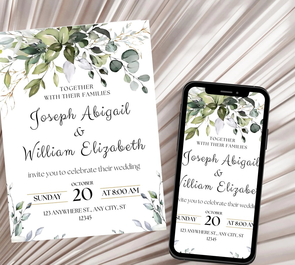 Classic White and Green Wedding Invitation Template, Greenery Gold Wedding Invite, Greenery Eucalyptus Invite, Modern Eucalyptus Wedding
