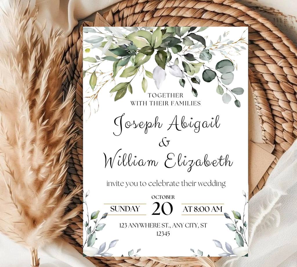 Classic White and Green Wedding Invitation Template, Greenery Gold Wedding Invite, Greenery Eucalyptus Invite, Modern Eucalyptus Wedding