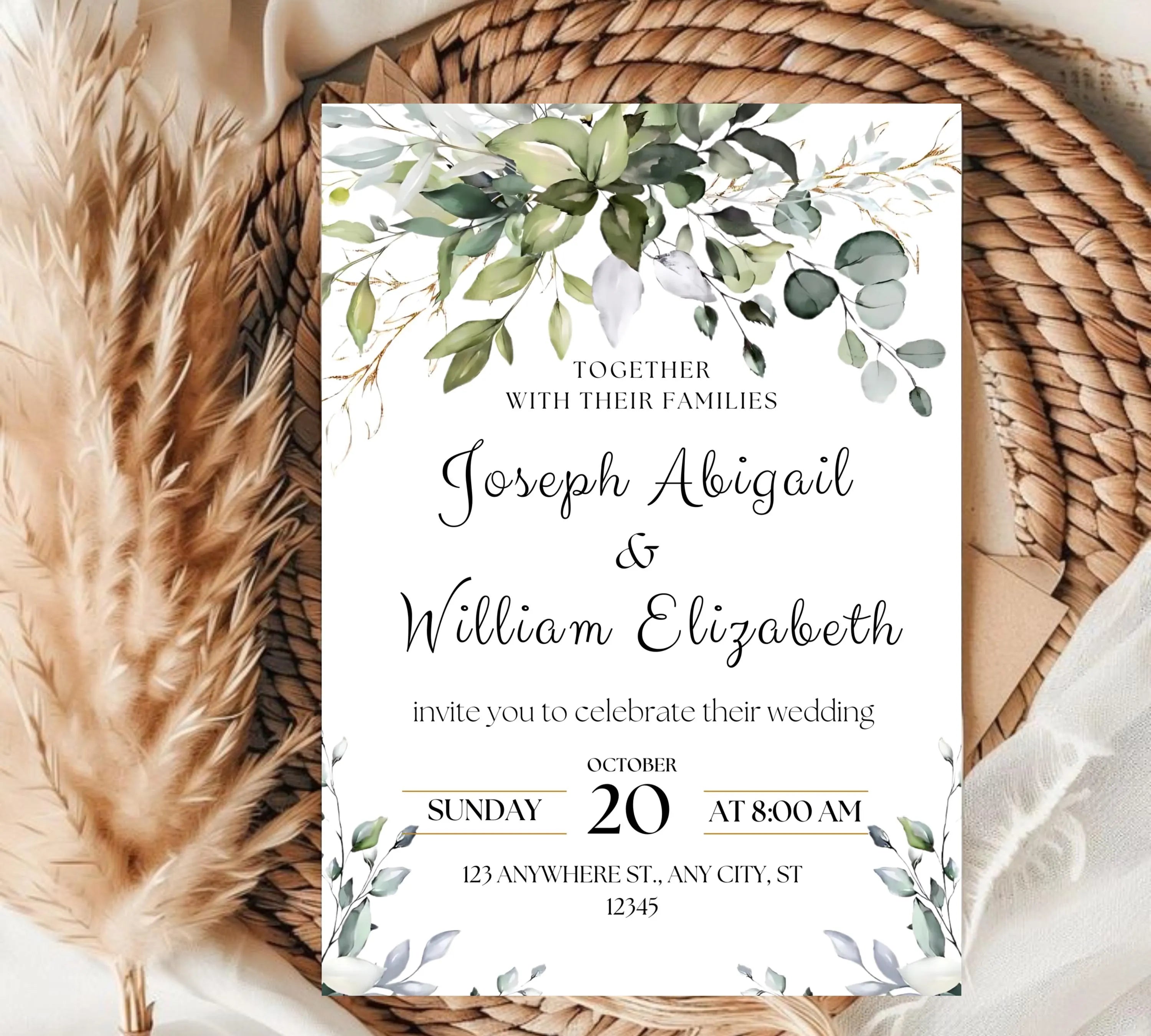 Classic White and Green Wedding Invitation Template, Greenery Gold Wedding Invite, Greenery Eucalyptus Invite, Modern Eucalyptus Wedding