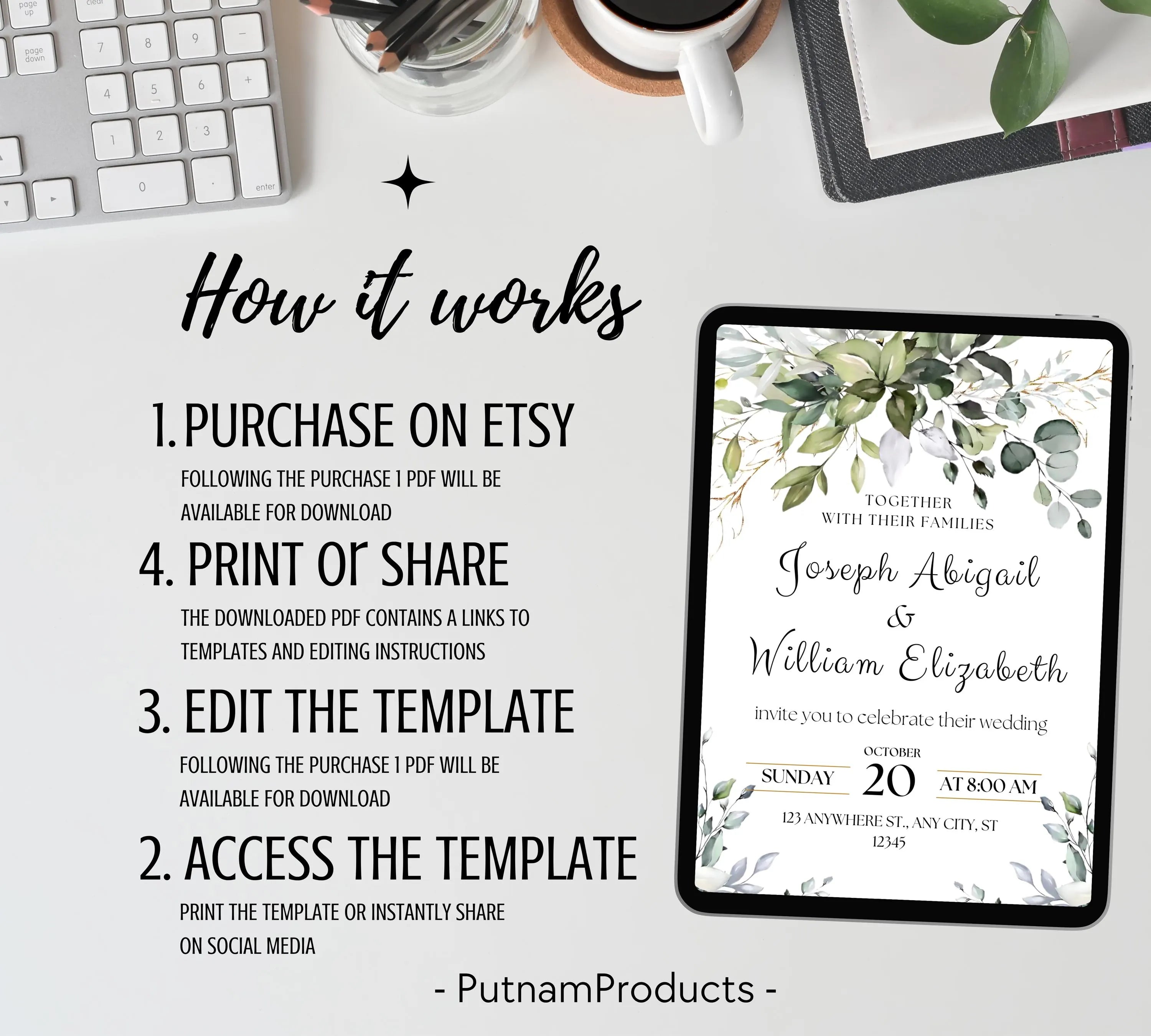 Classic White and Green Wedding Invitation Template, Greenery Gold Wedding Invite, Greenery Eucalyptus Invite, Modern Eucalyptus Wedding