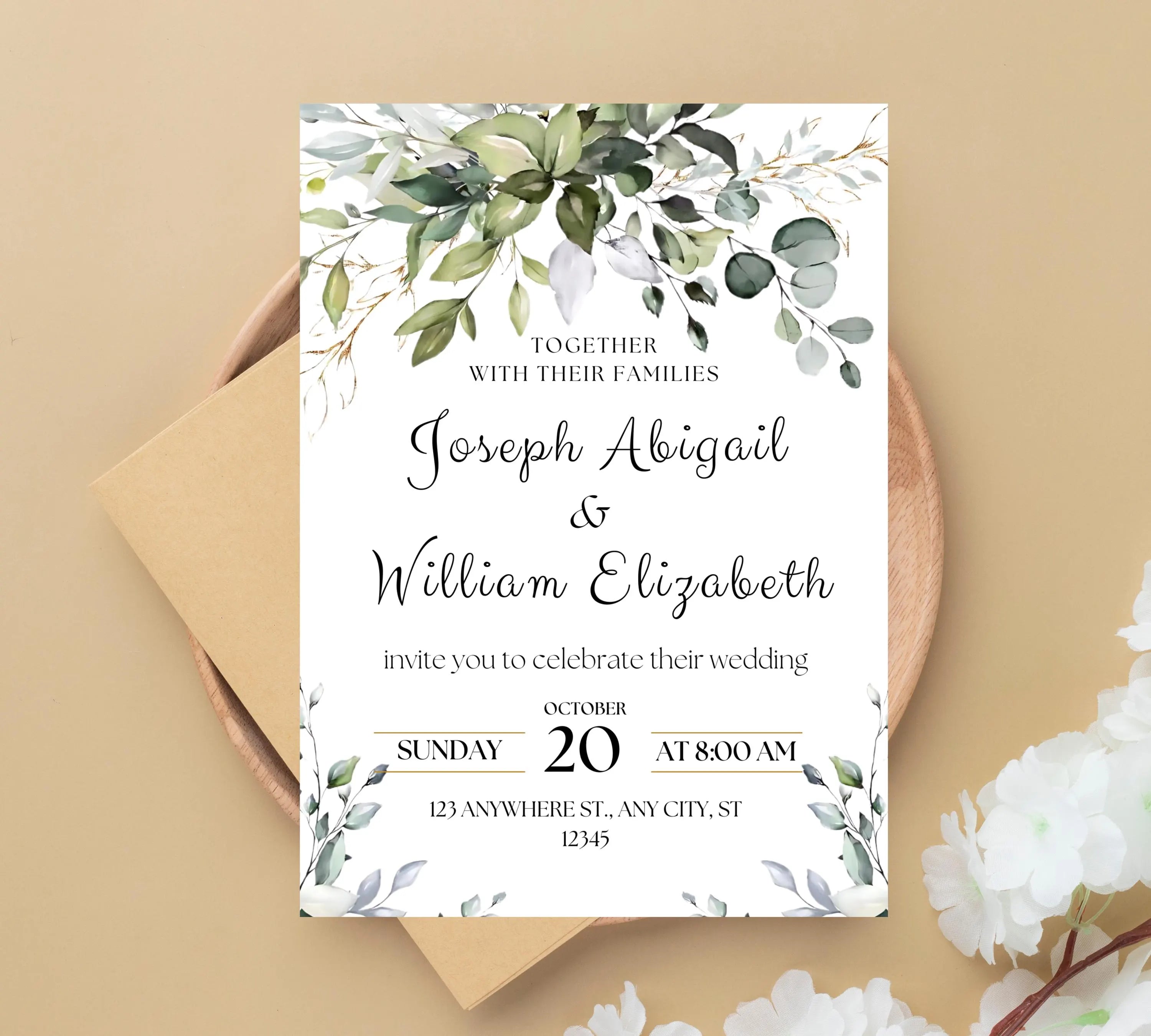 Classic White and Green Wedding Invitation Template, Greenery Gold Wedding Invite, Greenery Eucalyptus Invite, Modern Eucalyptus Wedding