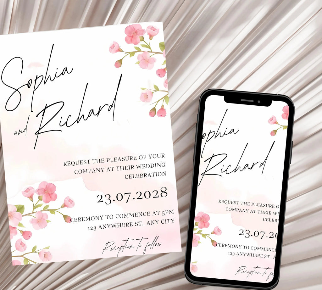Editable Cherry Blossom Wedding Invitation Suite, Cherry Wedding Invitation, Boho Cherry Blossom Wedding Invitation, Editable Wedding Invite