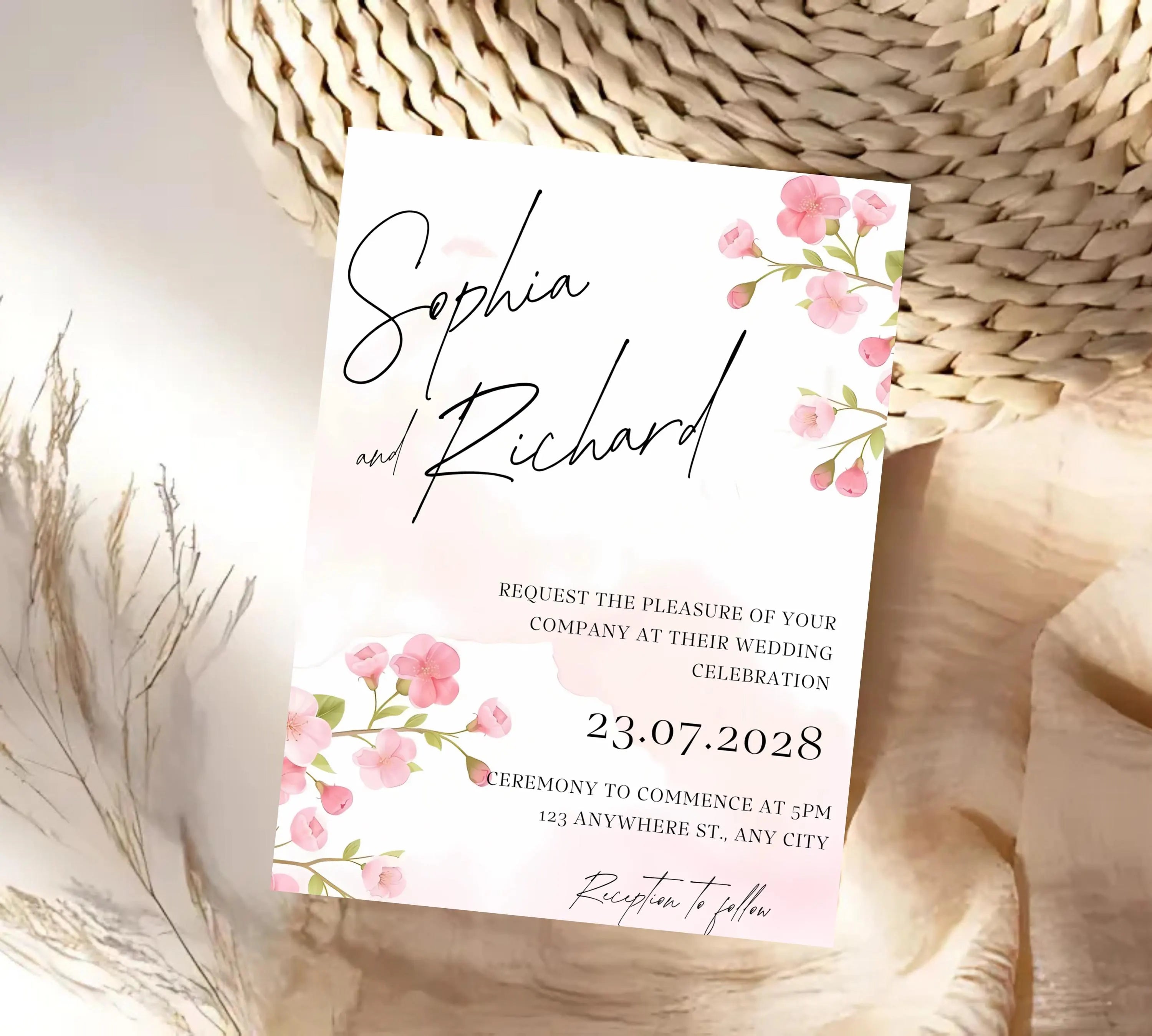 Editable Cherry Blossom Wedding Invitation Suite, Cherry Wedding Invitation, Boho Cherry Blossom Wedding Invitation, Editable Wedding Invite