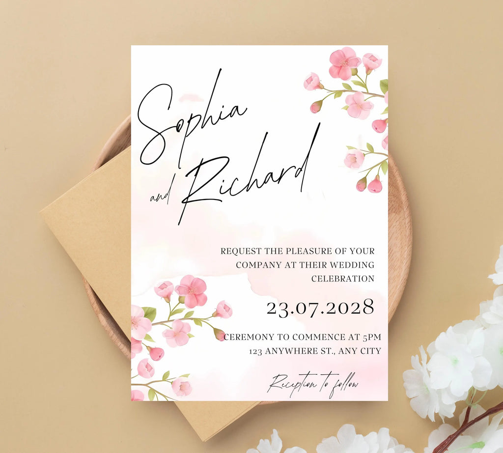 Editable Cherry Blossom Wedding Invitation Suite, Cherry Wedding Invitation, Boho Cherry Blossom Wedding Invitation, Editable Wedding Invite