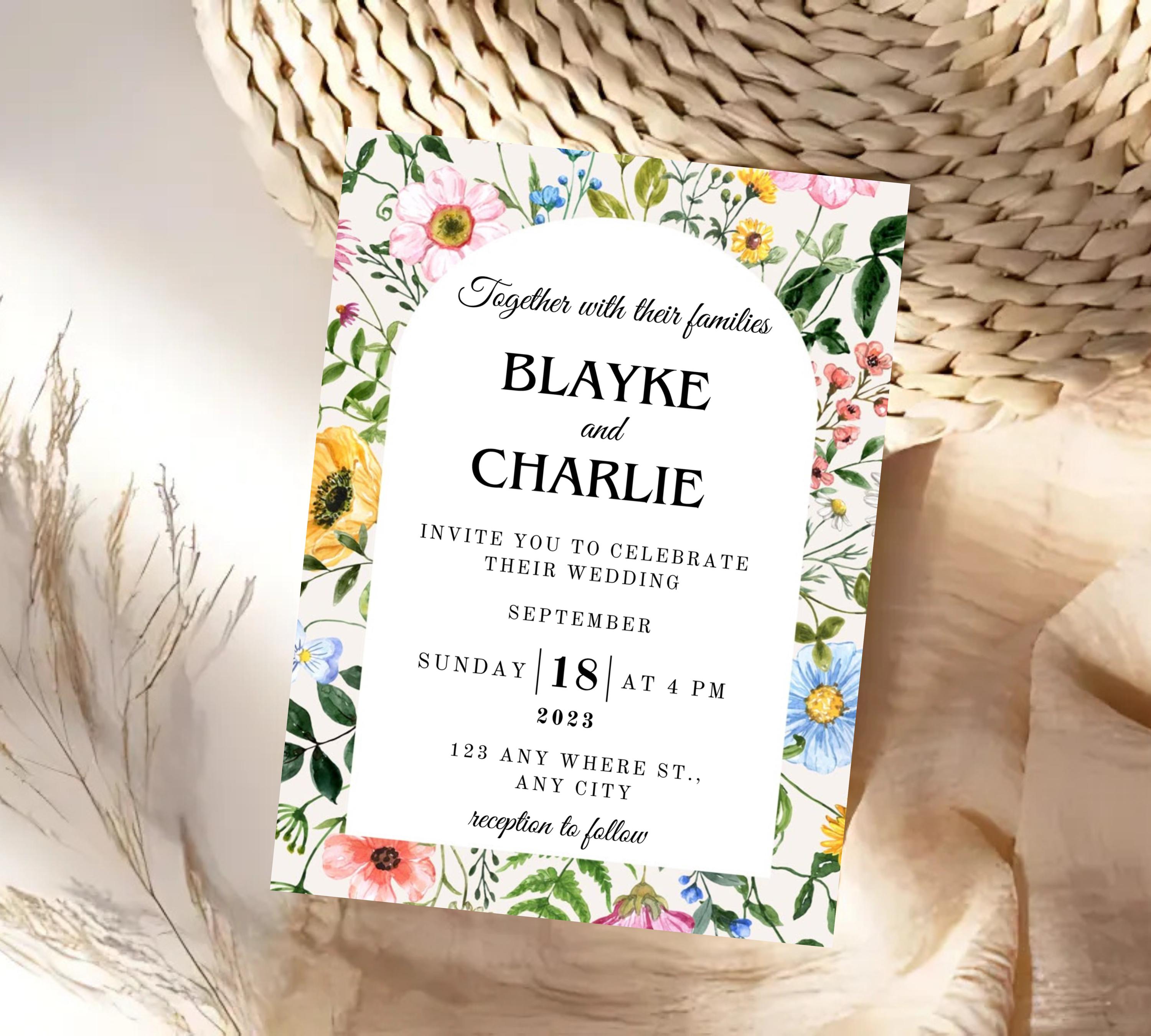 Editable Wildflower Meadow Wedding Invitation Set, Whimsical Floral Invitation Suite Template, Field Flower Wedding Invite