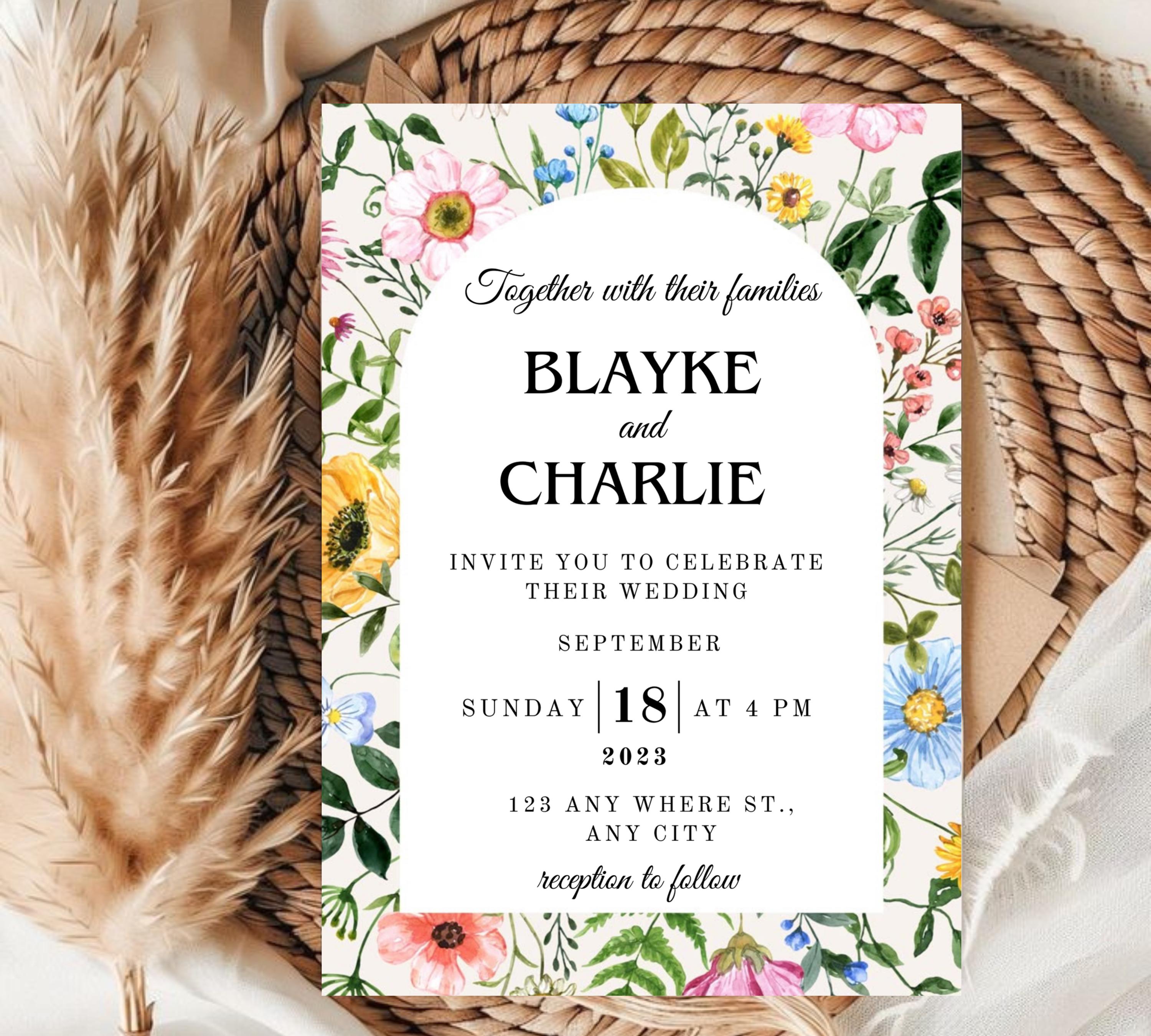 Editable Wildflower Meadow Wedding Invitation Set, Whimsical Floral Invitation Suite Template, Field Flower Wedding Invite