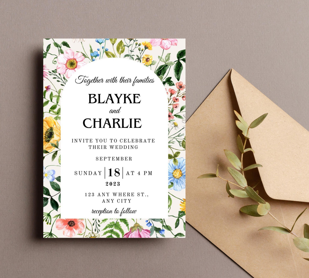 Editable Wildflower Meadow Wedding Invitation Set, Whimsical Floral Invitation Suite Template, Field Flower Wedding Invite