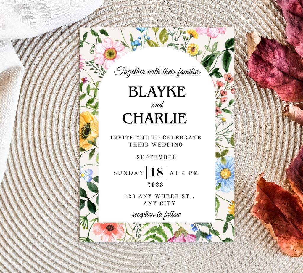 Editable Wildflower Meadow Wedding Invitation Set, Whimsical Floral Invitation Suite Template, Field Flower Wedding Invite
