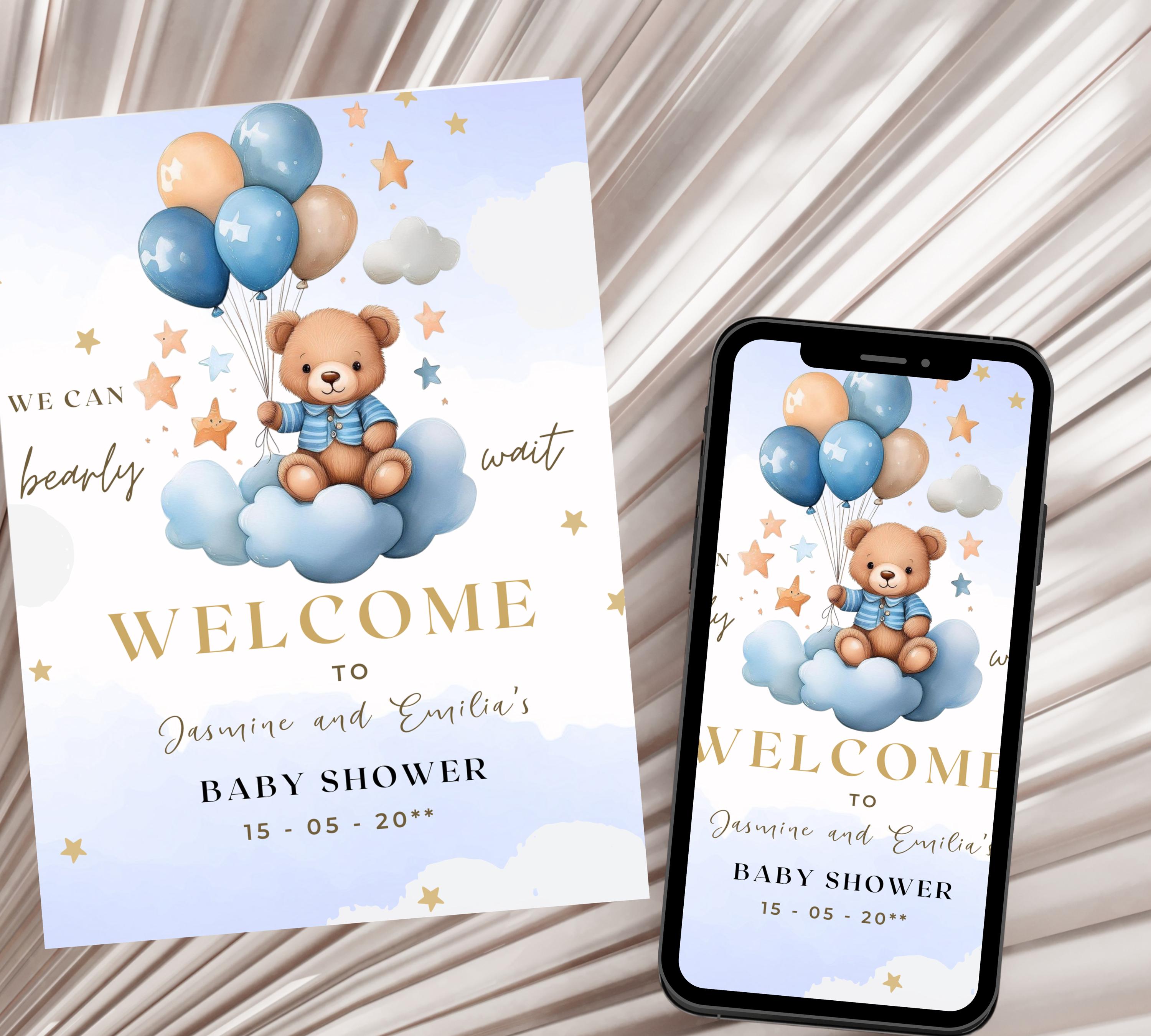 Teddy Bear Baby Shower Invitation, Blue Boy Boho Bear Baby Shower, We Can Bearly Wait Invitation, Blue Bear Invite for Boys