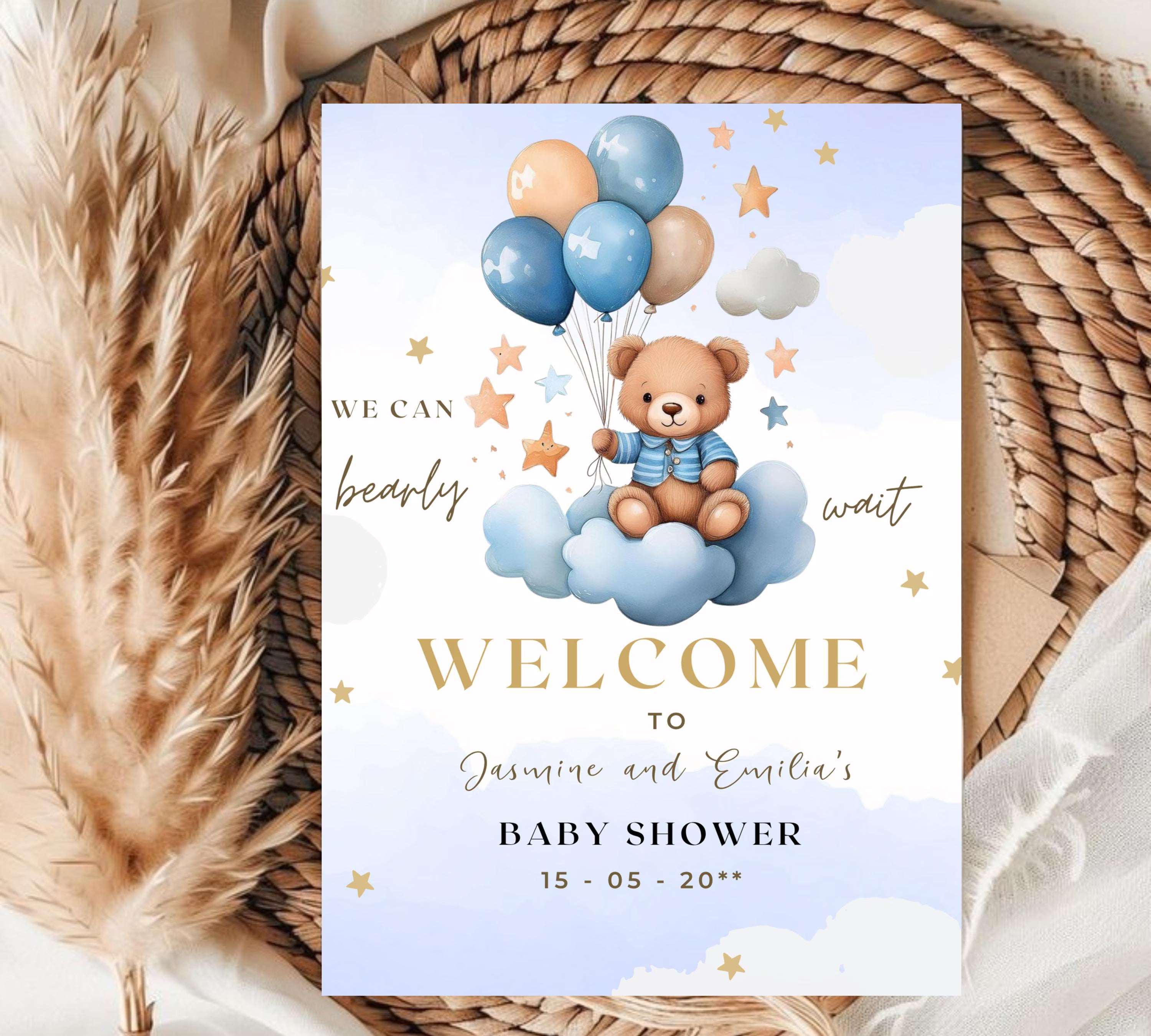 Teddy Bear Baby Shower Invitation, Blue Boy Boho Bear Baby Shower, We Can Bearly Wait Invitation, Blue Bear Invite for Boys