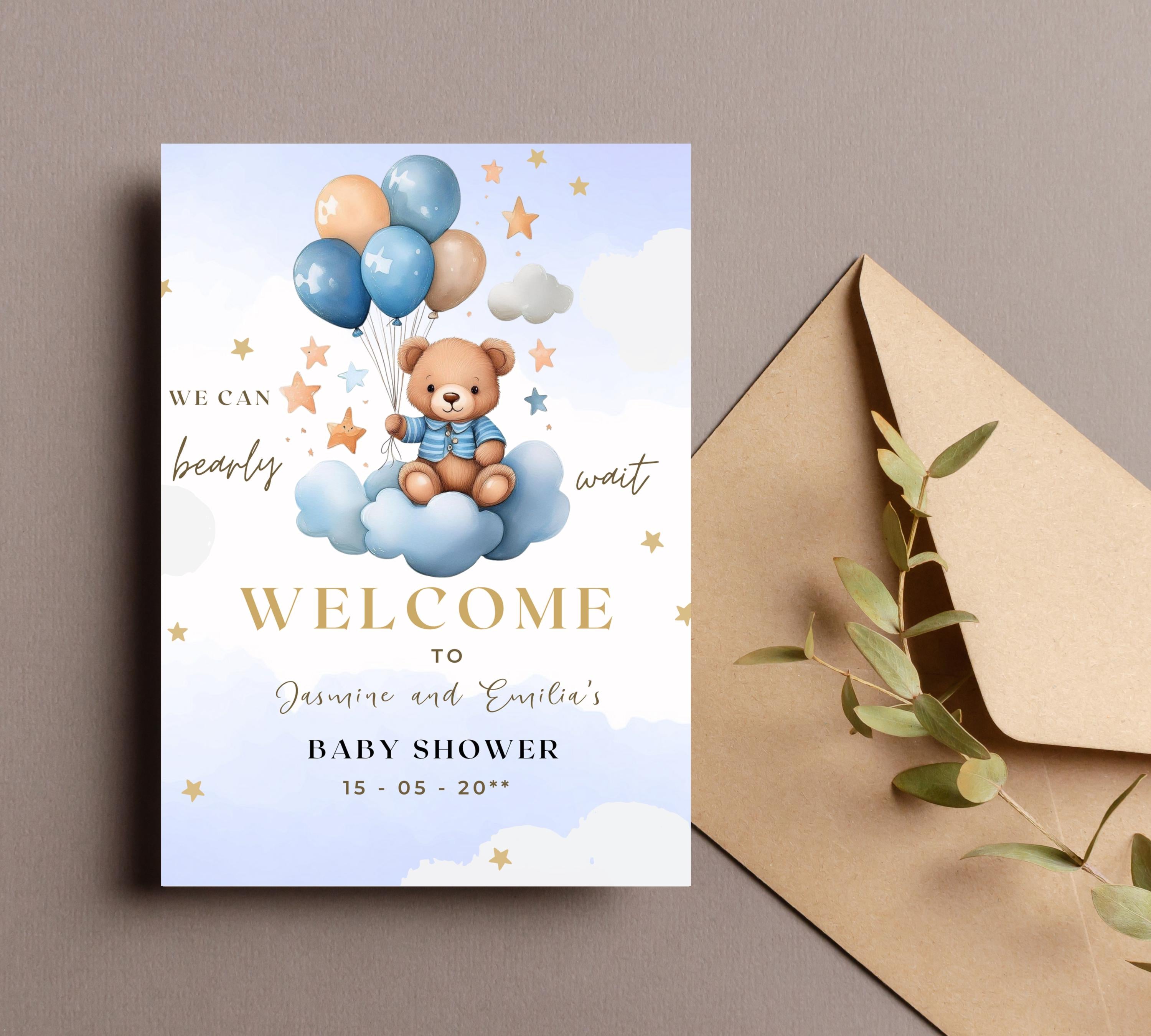 Teddy Bear Baby Shower Invitation, Blue Boy Boho Bear Baby Shower, We Can Bearly Wait Invitation, Blue Bear Invite for Boys