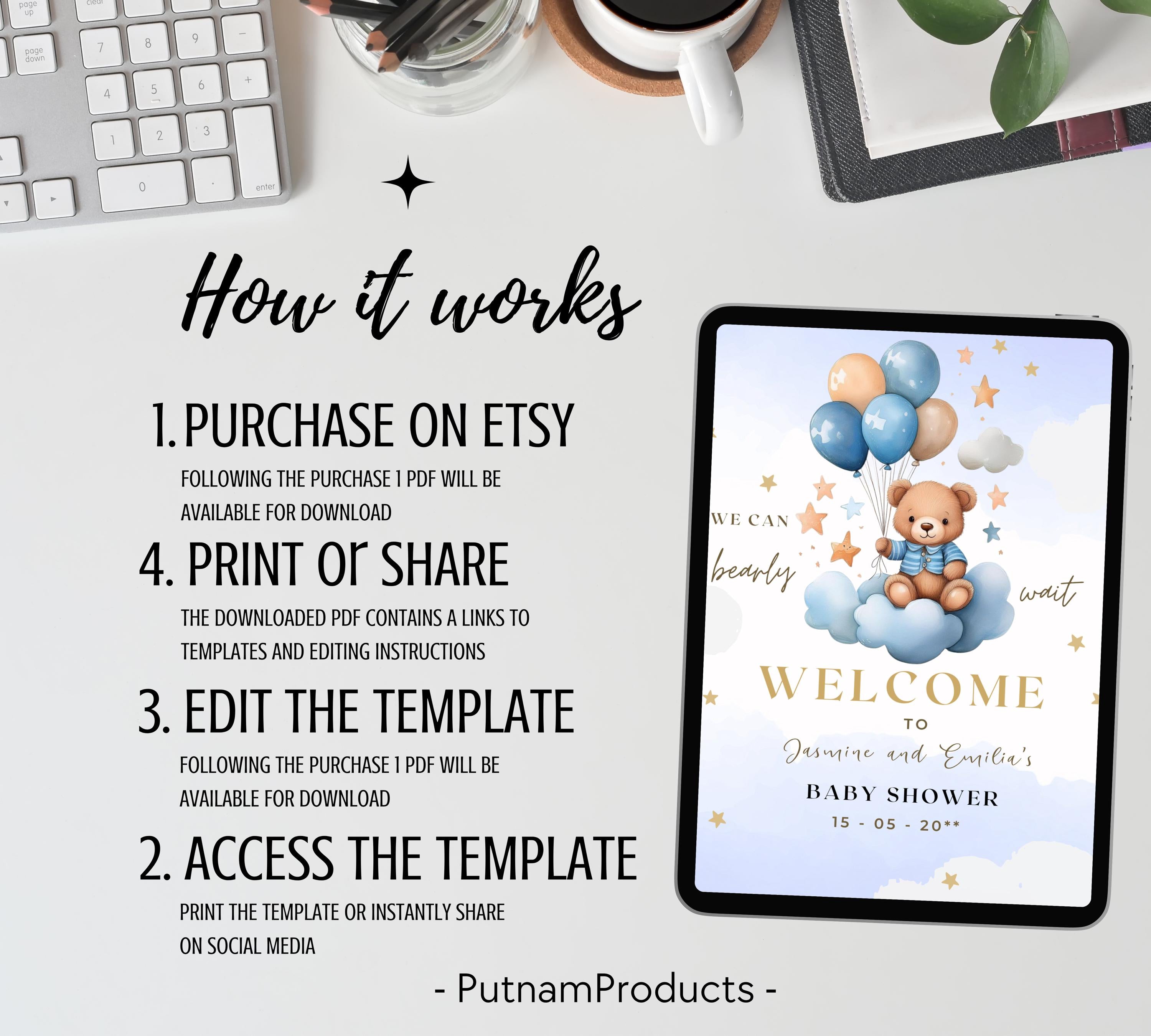 Teddy Bear Baby Shower Invitation, Blue Boy Boho Bear Baby Shower, We Can Bearly Wait Invitation, Blue Bear Invite for Boys