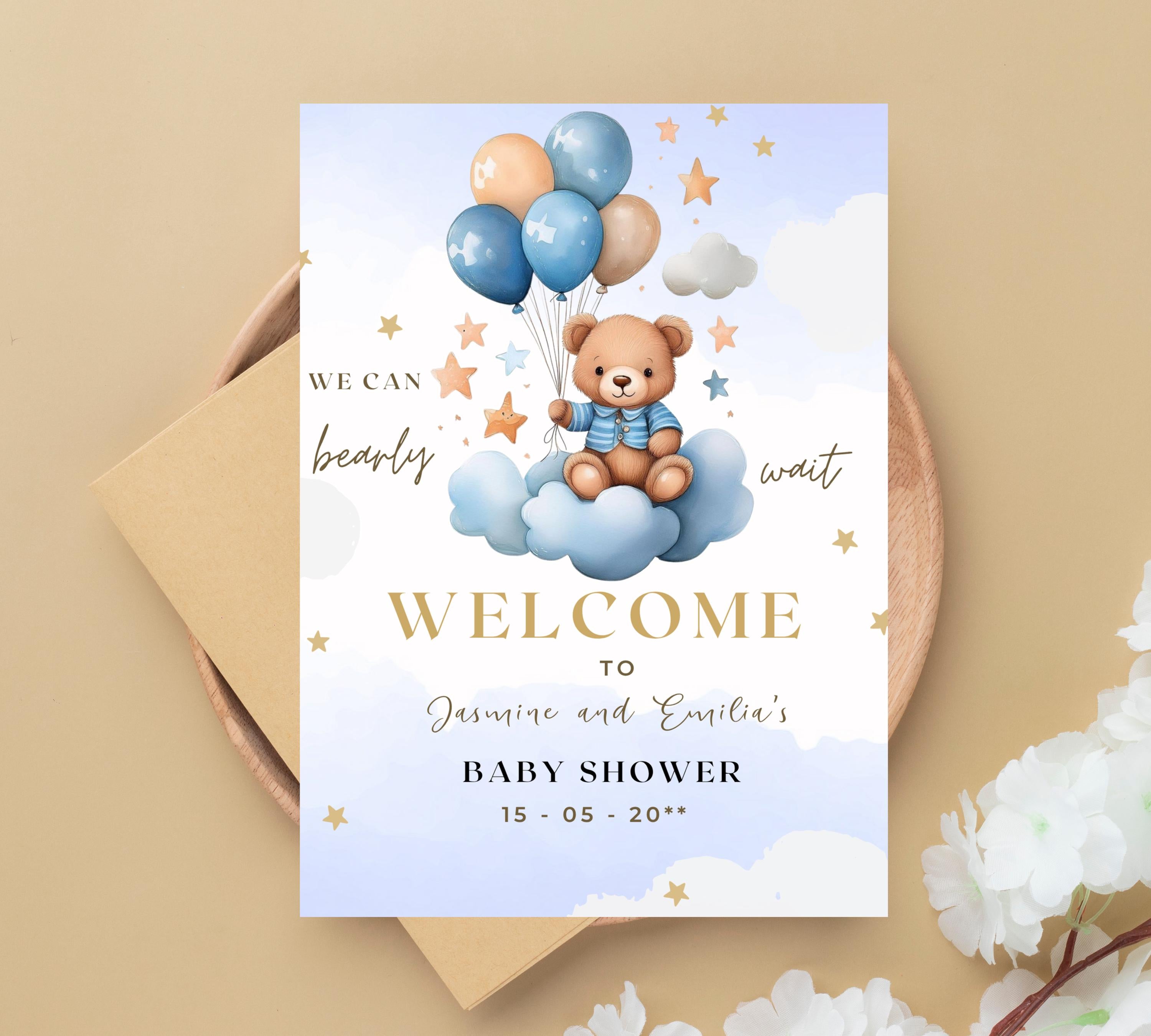 Teddy Bear Baby Shower Invitation, Blue Boy Boho Bear Baby Shower, We Can Bearly Wait Invitation, Blue Bear Invite for Boys
