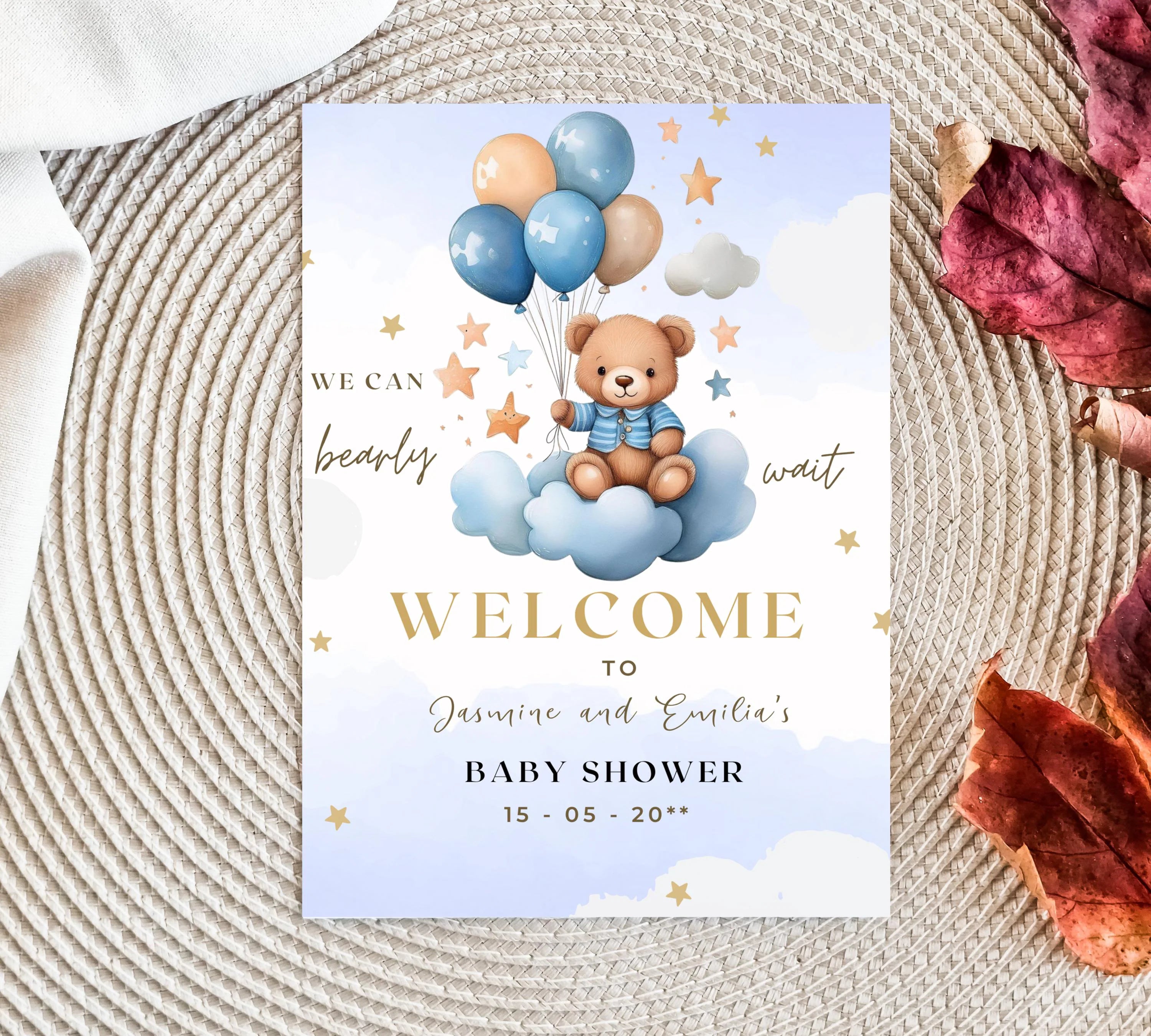 Teddy Bear Baby Shower Invitation, Blue Boy Boho Bear Baby Shower, We Can Bearly Wait Invitation, Blue Bear Invite for Boys