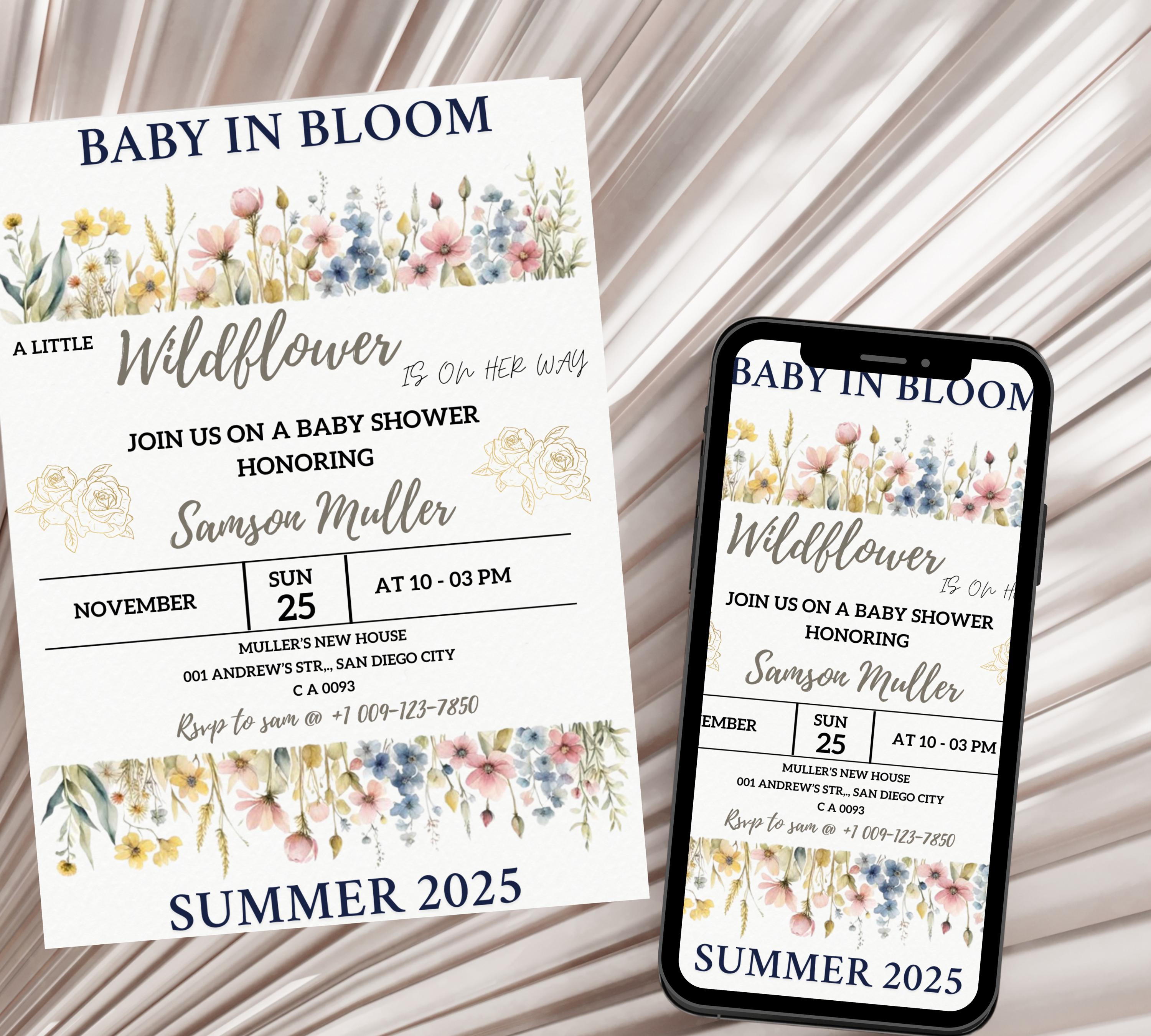 wildflower baby shower invitation, Baby in Bloom Baby Shower Invitation Template, wildflower shower invitation, spring flower invite