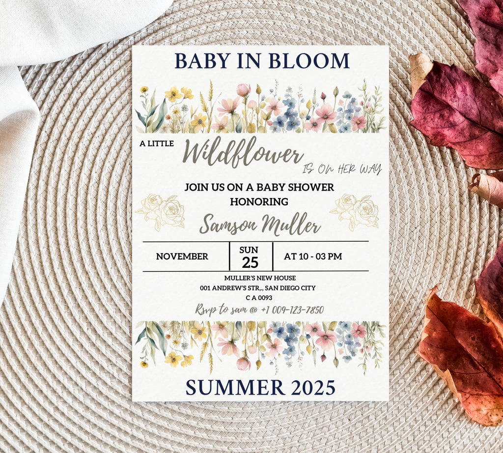 wildflower baby shower invitation, Baby in Bloom Baby Shower Invitation Template, wildflower shower invitation, spring flower invite