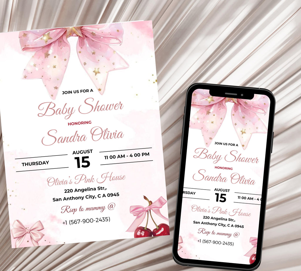 Editable Pink Bow Baby Shower Invitation, Pink Bow Invitation and Editable Games, Pink Coquette Bow Baby Shower Decoration Baby Girl