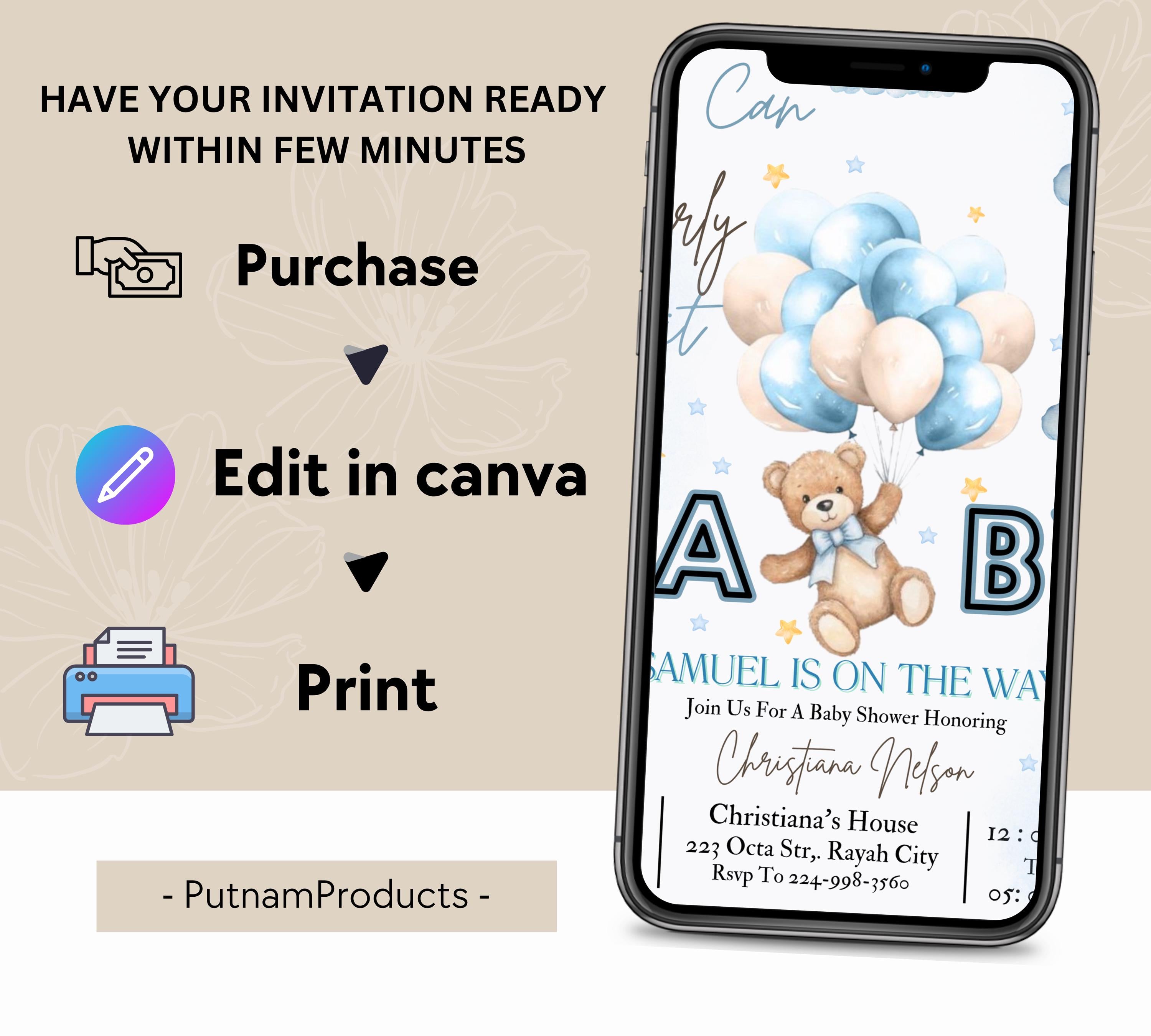 Bear Baby Shower Invite, Blue Boy Boho Bear Baby Shower, We Can Bearly Wait Invitation, Blue Bear Invite for Boys, Editable in Canva BB088