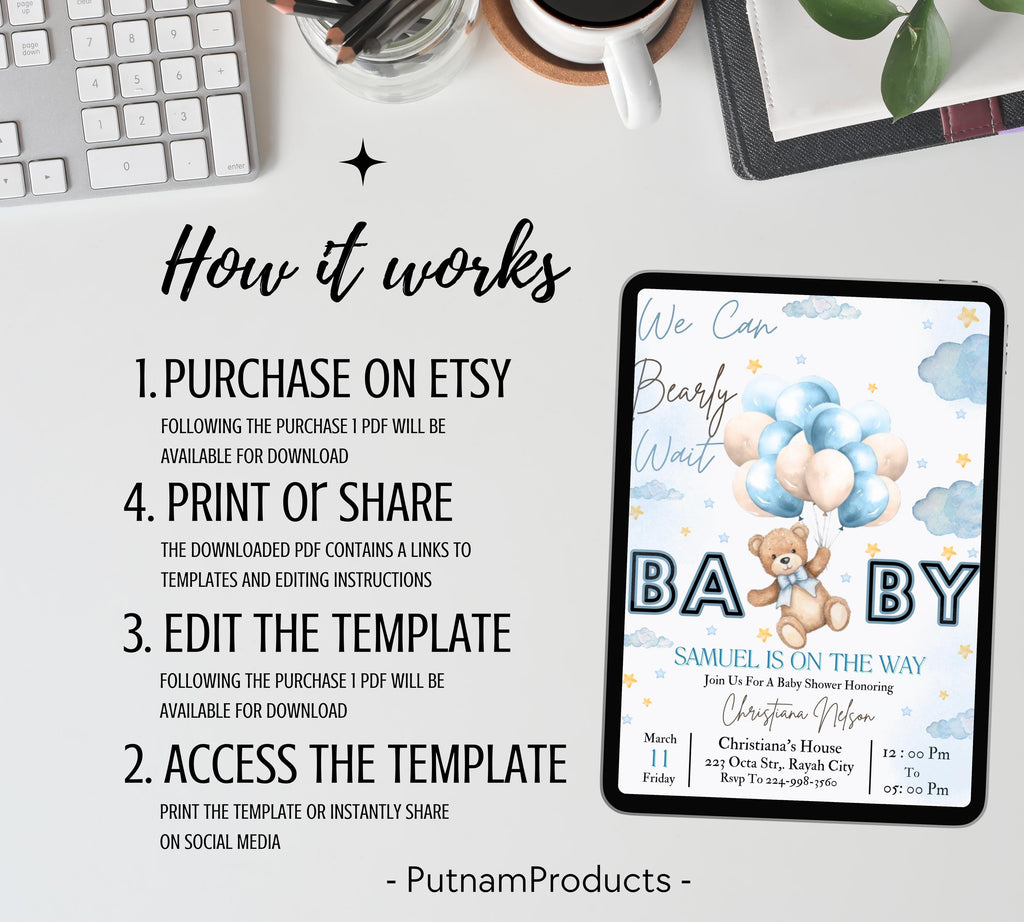 Bear Baby Shower Invite, Blue Boy Boho Bear Baby Shower, We Can Bearly Wait Invitation, Blue Bear Invite for Boys, Editable in Canva BB088