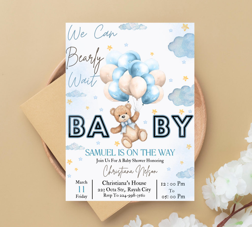 Bear Baby Shower Invite, Blue Boy Boho Bear Baby Shower, We Can Bearly Wait Invitation, Blue Bear Invite for Boys, Editable in Canva BB088