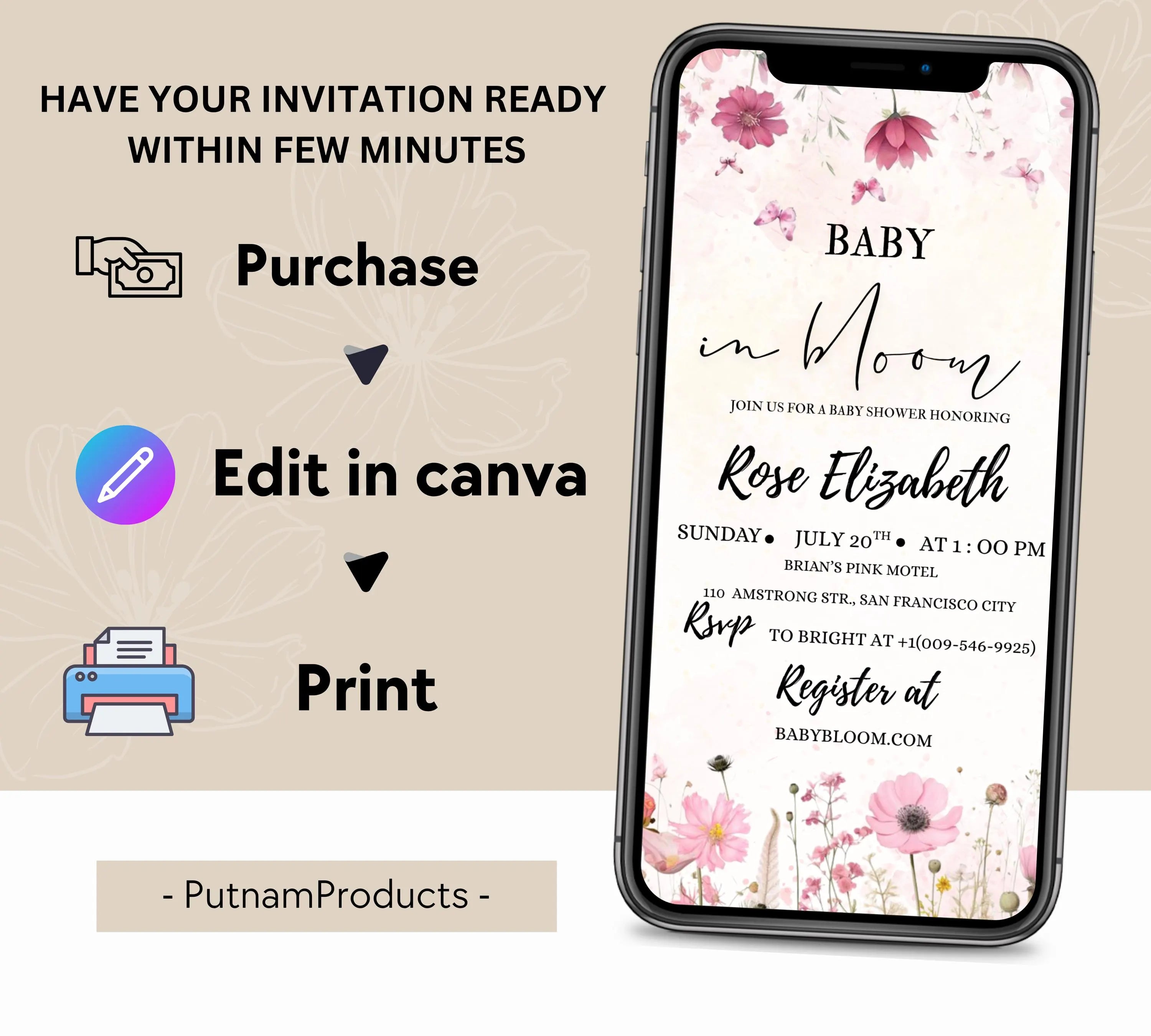 Editable Baby in Bloom Baby Shower Invitation, Baby Shower Invitation, Flower Baby Shower Invitation, Wildflowers Baby Shower Invite