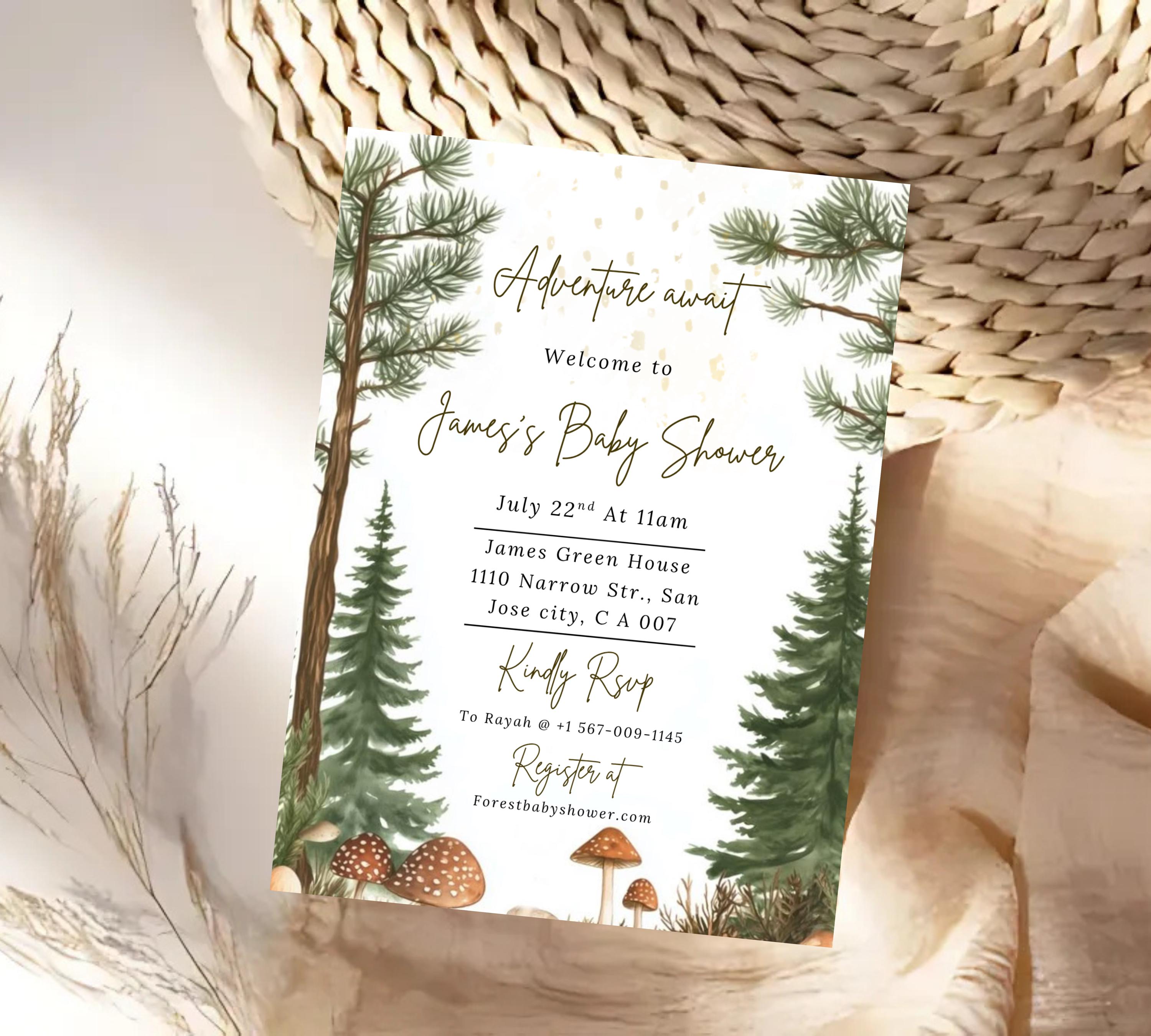 Editable Forest Baby Shower invitation, Neutral Baby Shower Invite, Forest Mountain Baby Shower Invite, Greenery Forest Animals Invite